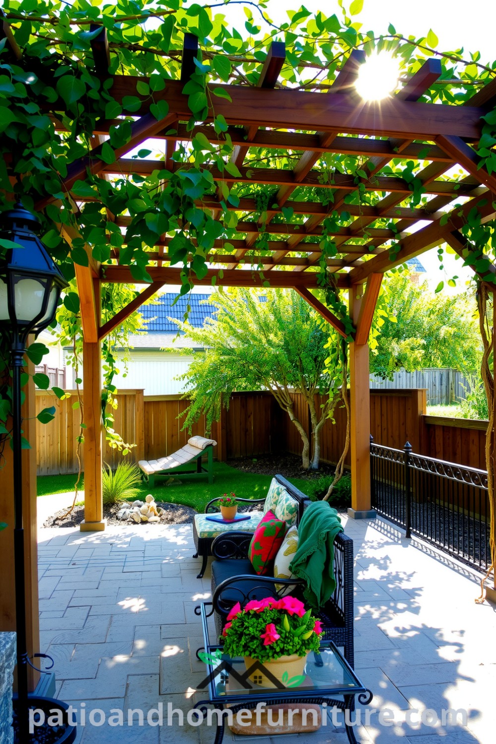 A charming pergola in a backyard, with wooden beams entwined with vines, creating dappled sunlight patterns on a stone patio, surrounded by colorful flowerbeds, perfect for cozy outdoor afternoons. Inspiring ideas for your home can be found at fireplacesandwoodstoves.com.