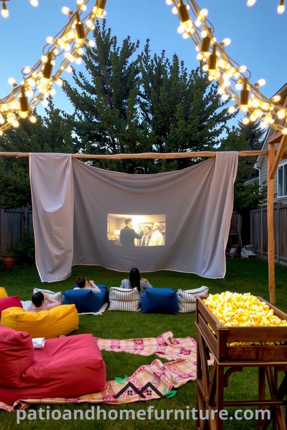 Cozy backyard cinema with a large screen, colorful bean bags, and twinkling fairy lights, creating a welcoming atmosphere for movie nights, complemented by a rustic popcorn cart, providing unique ideas for your home at fireplacesandwoodstoves.com.