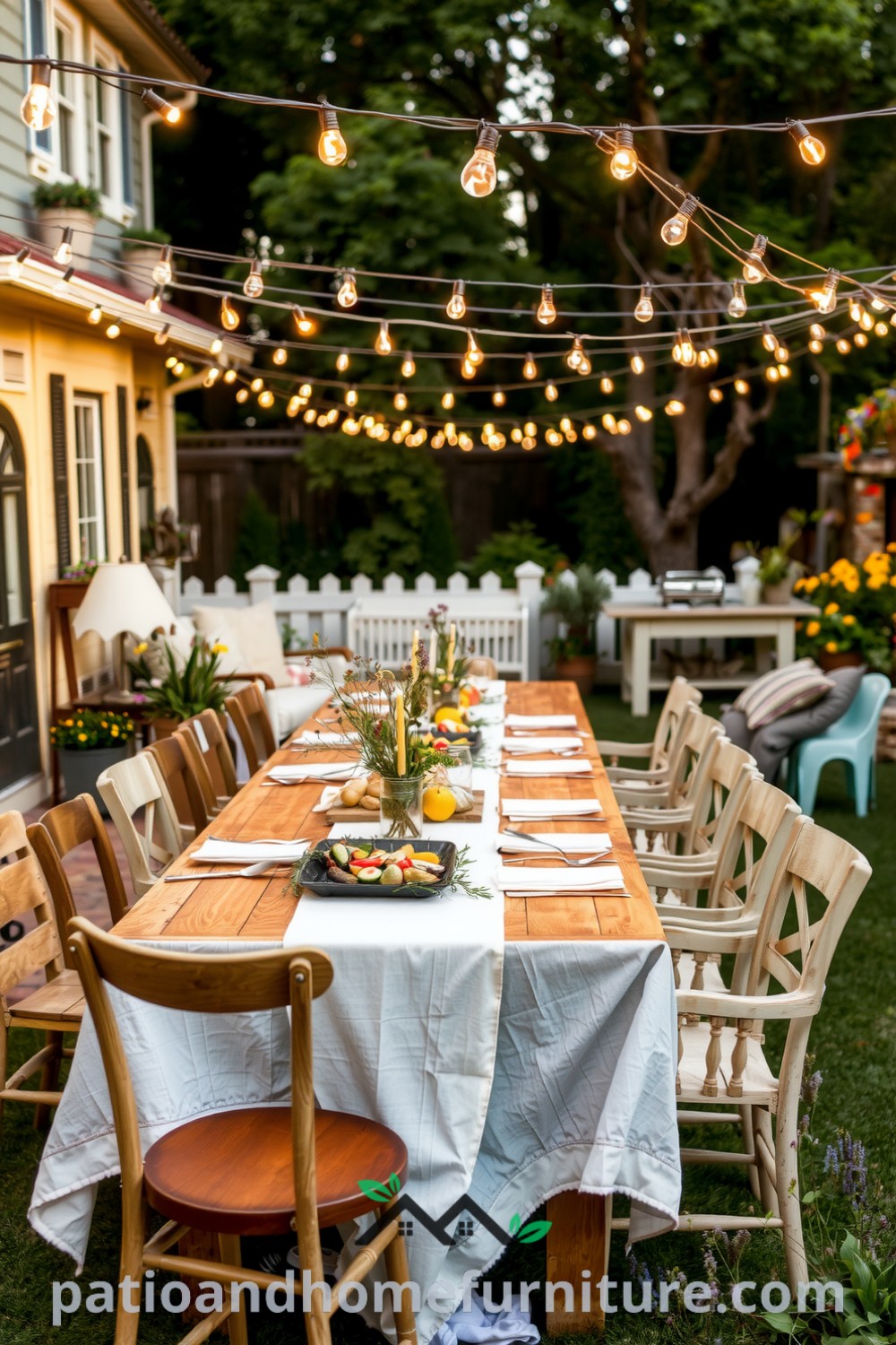 A charming backyard setup featuring a long wooden table with a linen tablecloth, mismatched chairs, twinkling fairy lights, and potted plants, creating an inviting space for celebrations and shared moments, offering unique ideas for your home from fireplacesandwoodstoves.com.