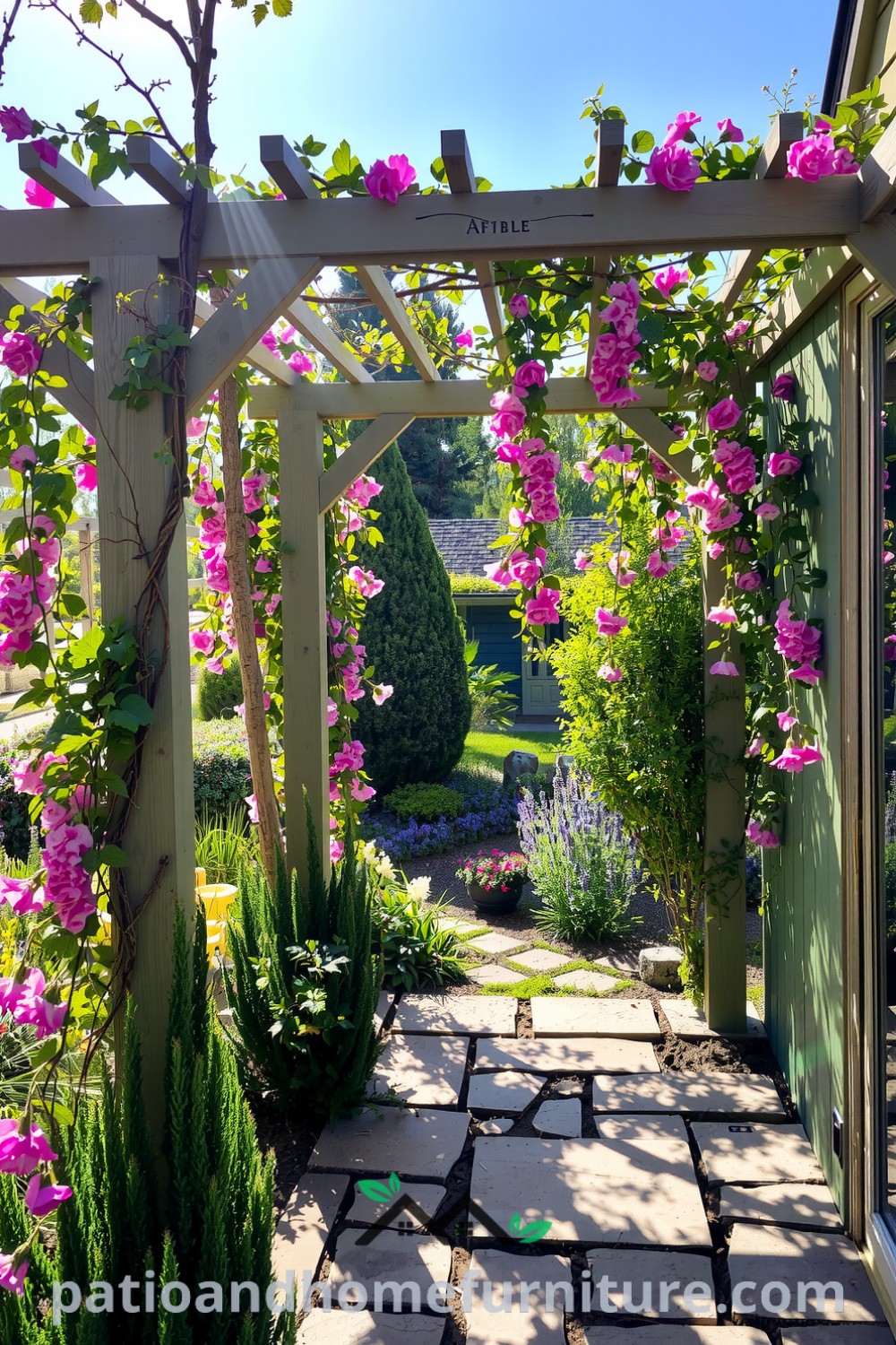 Floral wooden pergola entwined with vibrant blossoms and cascading vines in a sun-drenched garden, casting playful shadows on a rustic stone patio, creating a cozy and inviting retreat for leisurely afternoons. For more unique ideas, visit fireplacesandwoodstoves.com.
