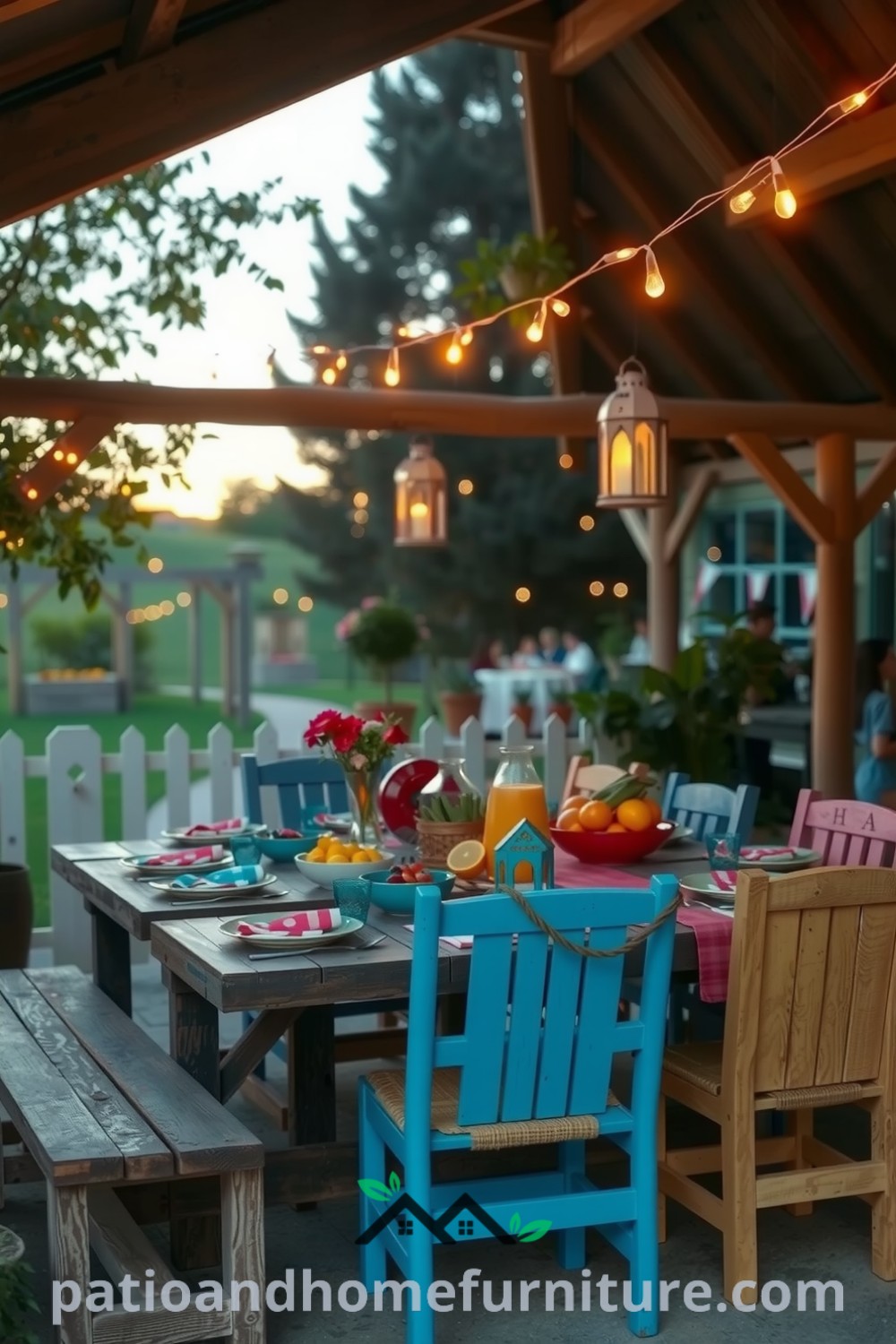 Cozy outdoor dining scene with warm fairy lights above a rustic wooden table, surrounded by weathered chairs and vibrant tableware, creating an inviting atmosphere perfect for celebrations, ideal for inspiring unique decor ideas for your home at fireplacesandwoodstoves.com.