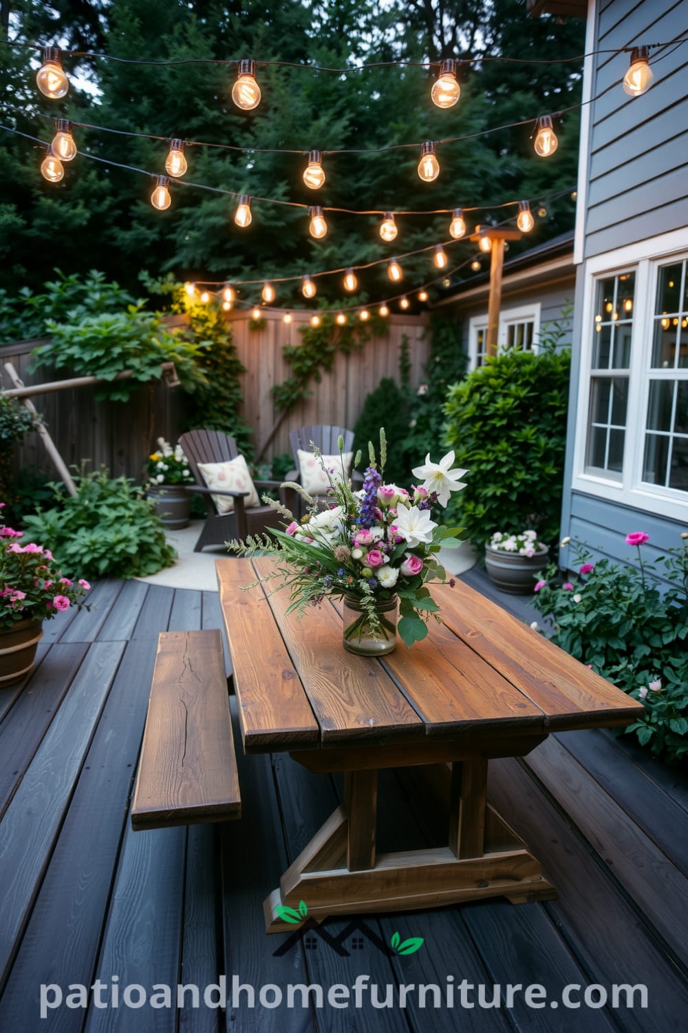 Backyard scene featuring weathered wooden decking, cozy seating area with string lights, and a rustic table with wildflowers, surrounded by lush greenery, providing cozy ideas and inspiring decor inspirations for your home at fireplacesandwoodstoves.com.