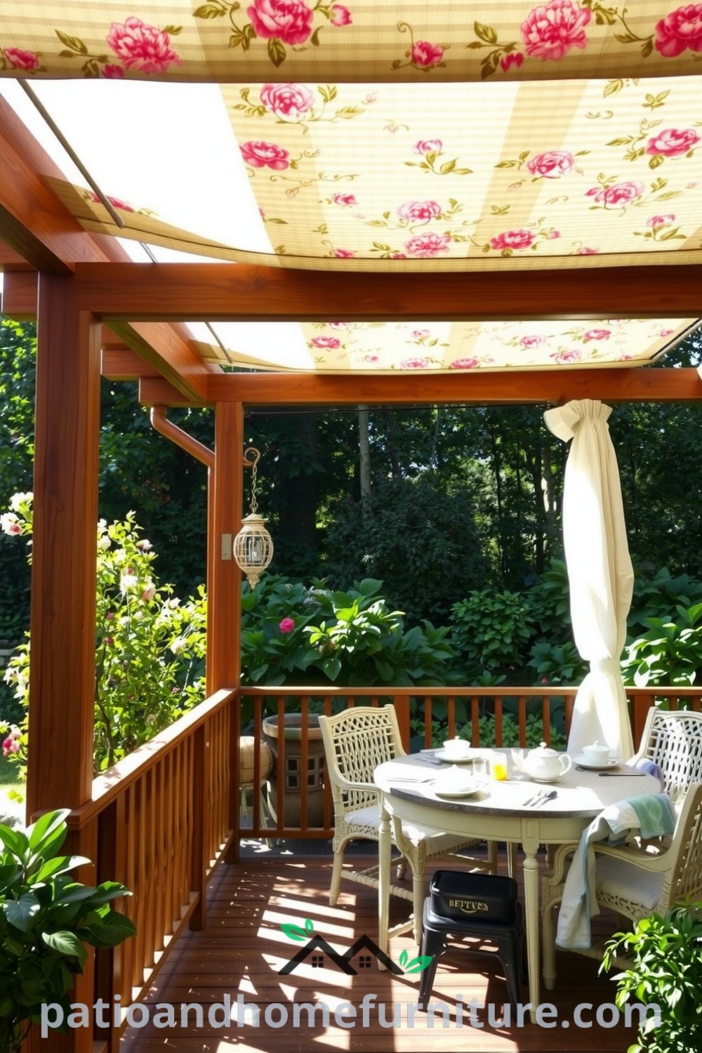 A charming garden scene featuring a floral vinyl pergola surrounded by lush greenery, with dappled sunlight casting shadows on a wooden deck, showcasing a rustic table set for afternoon tea, offering cozy ideas for your home. Visit fireplacesandwoodstoves.com for more design ideas.