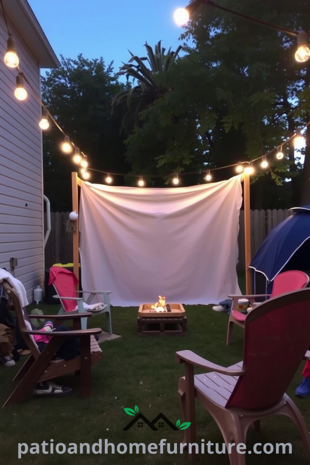 Cozy backyard cinema setup with a large sheet as a screen, mismatched lawn chairs, and string lights overhead, creating a warm and inviting atmosphere for movie nights under the stars, perfect for unique ideas in home decor, inspired by fireplacesandwoodstoves.com.