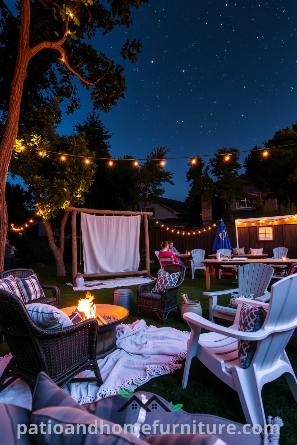 Backyard cinema scene featuring a rustic fire pit, scattered blankets, mismatched lawn chairs, and fairy lights amongst trees, creating a cozy, inviting atmosphere for movie nights, inspiring unique decor ideas for your home, website fireplacesandwoodstoves.com.