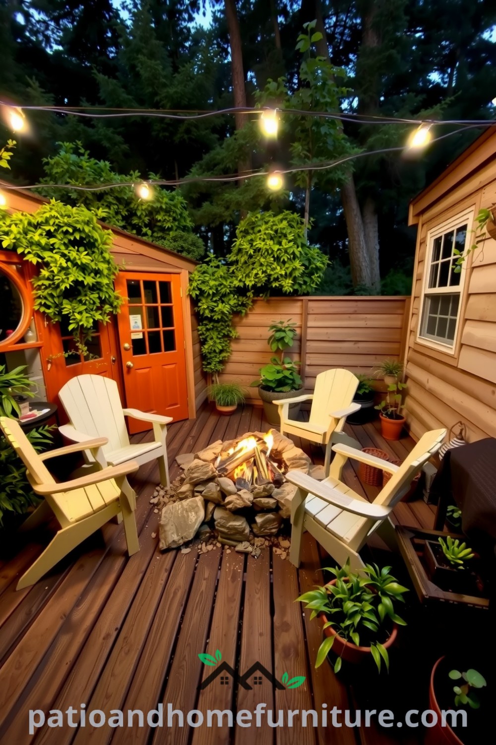 Cozy backyard retreat with a rustic fire pit, weathered wooden decking, mismatched colorful chairs, and string lights, surrounded by lush plants, creating an inviting atmosphere for relaxation and laughter, featuring unique ideas for your home at fireplacesandwoodstoves.com.