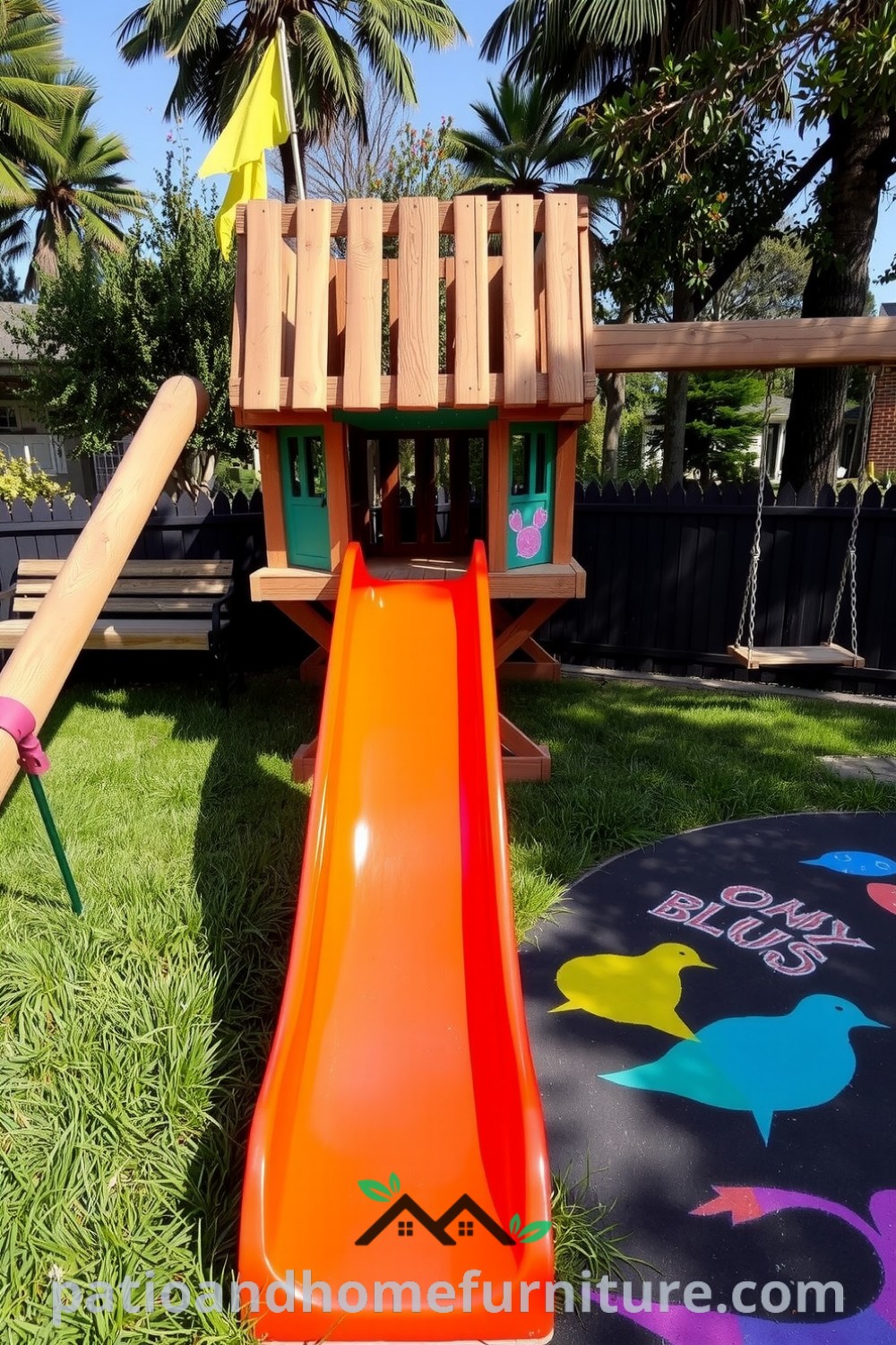 Wooden backyard playground with a slide and swing set nestled in green grass, vibrant chalk drawings nearby, creating a cozy atmosphere of play and laughter, providing inspiring ideas for unique outdoor decor at fireplacesandwoodstoves.com.