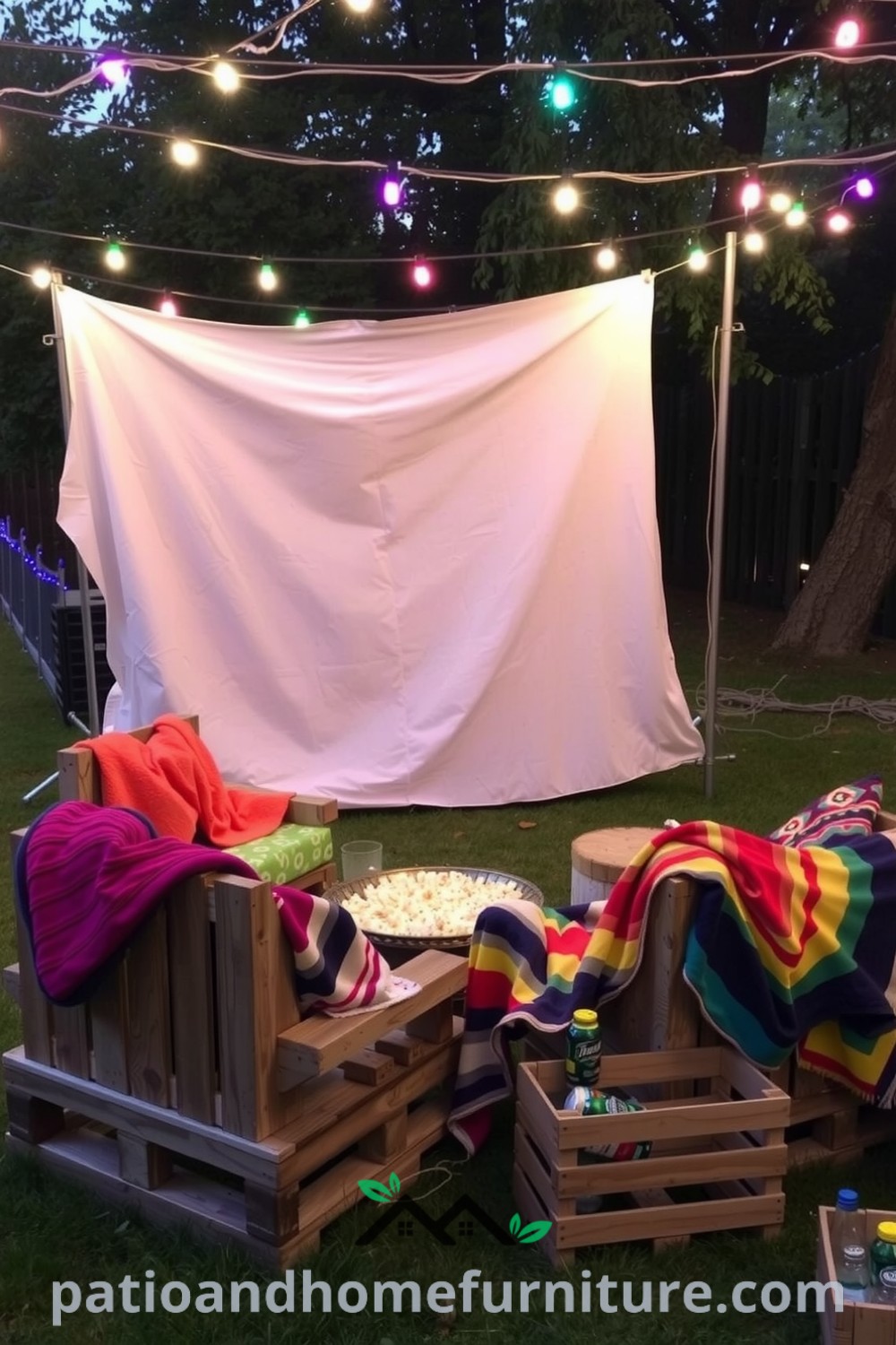 Charming outdoor cinema setup featuring weathered wooden pallets for seating, colorful blankets, twinkling fairy lights, a white sheet acting as a screen, and a crate with drinks, portraying cozy ideas for a home entertainment space, inspired by fireplacesandwoodstoves.com.
