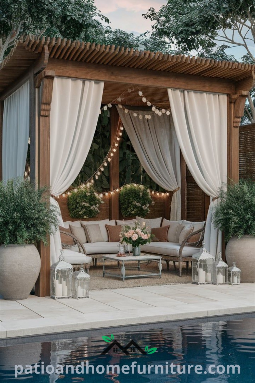 Cozy gazebo with curtains beside a swimming pool, designed with inviting decor ideas and inspirations for creating a comfortable outdoor retreat, featured on wellnesswink.com.