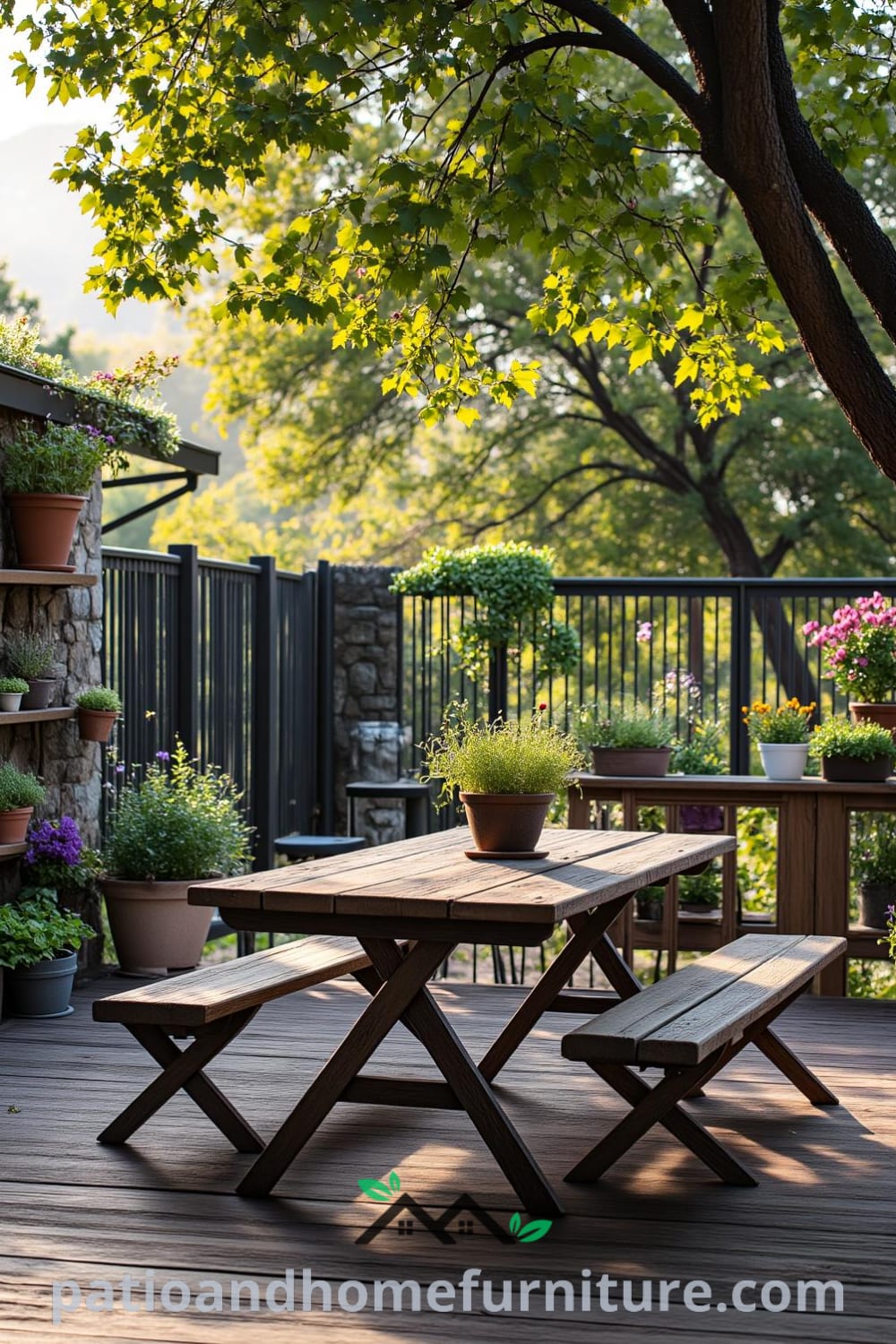 Cozy backyard featuring a rustic wooden deck, potted herbs and wildflowers, a weathered picnic table, and mismatched chairs, creating a warm atmosphere for gatherings; perfect decor ideas for your home. Visit fireplacesandwoodstoves.com for more inspirations.