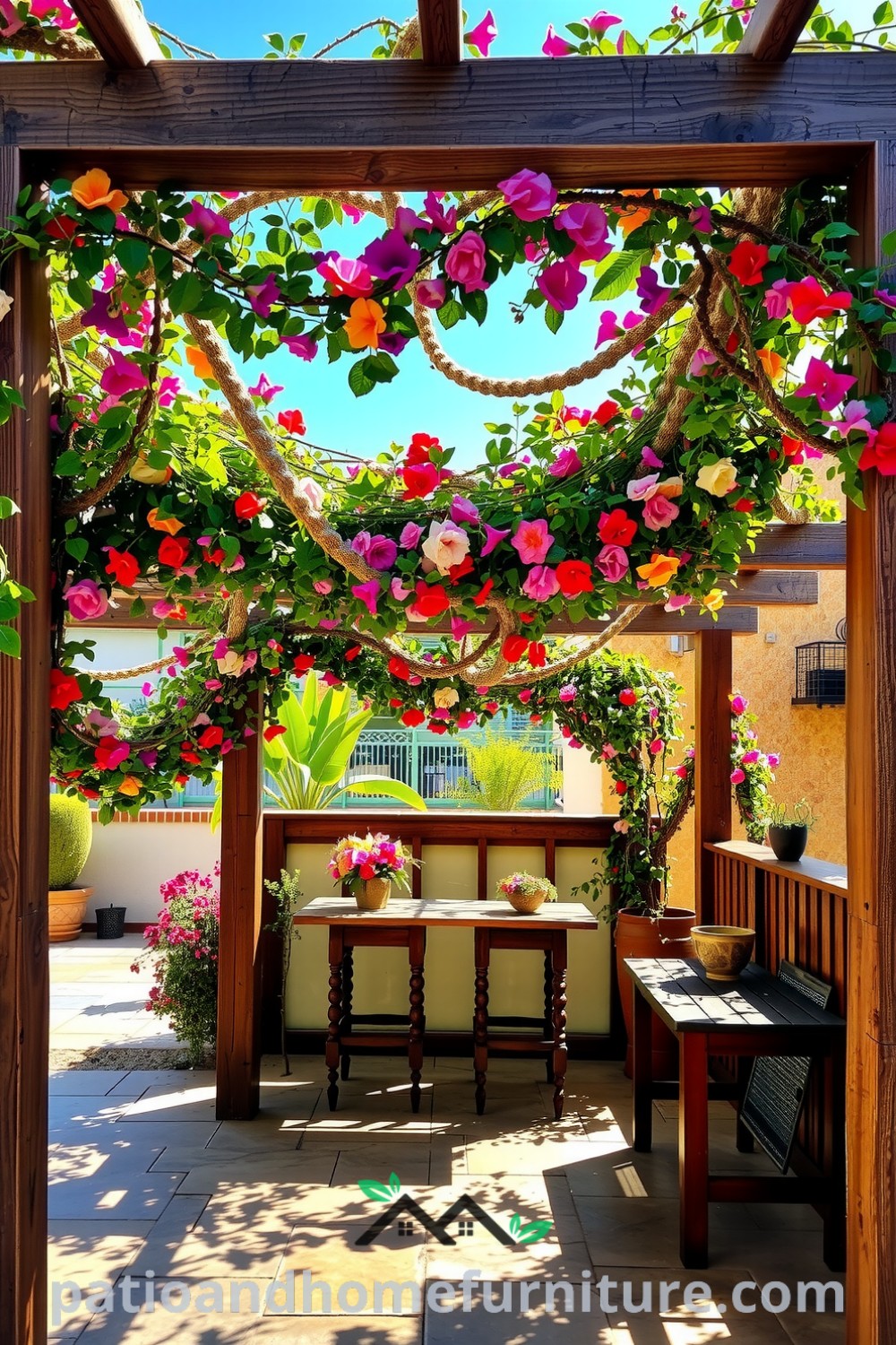 Floral pergola with wooden beams draped in vibrant blooms creates a cozy outdoor retreat, featuring a rustic table and vase of fresh flowers on a sun-drenched patio, ideal for gatherings, brought to you by fireplacesandwoodstoves.com.