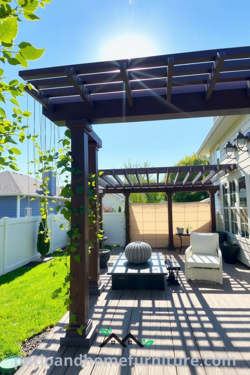 Vinyl pergola in a backyard with climbing vines, wooden decking, and scattered cushions, creating a cozy outdoor escape ideal for relaxation or gatherings, featured on fireplacesandwoodstoves.com.
