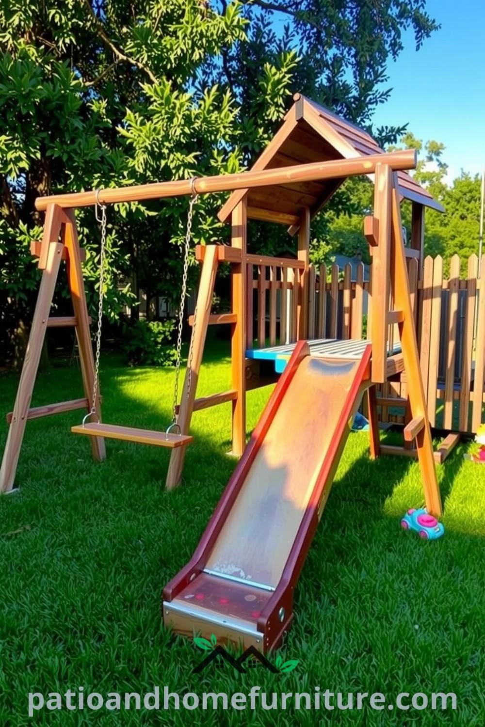 Wooden backyard playground with swings and slide set in a lush grassy area, surrounded by trees casting playful shadows, creating a cozy atmosphere for outdoor adventures. Visit fireplacesandwoodstoves.com for cozy home decor ideas and inspirations.