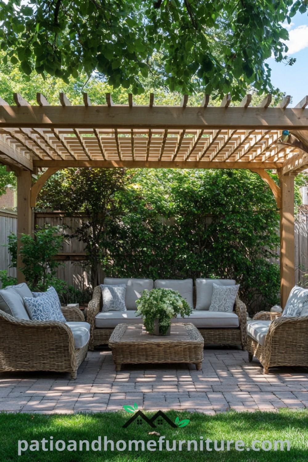 Cozy outdoor living area with couches, tables, and chairs under a pergola, featuring inviting decor ideas suitable for backyard relaxation, inspiring ideas for your home at wellnesswink.com.