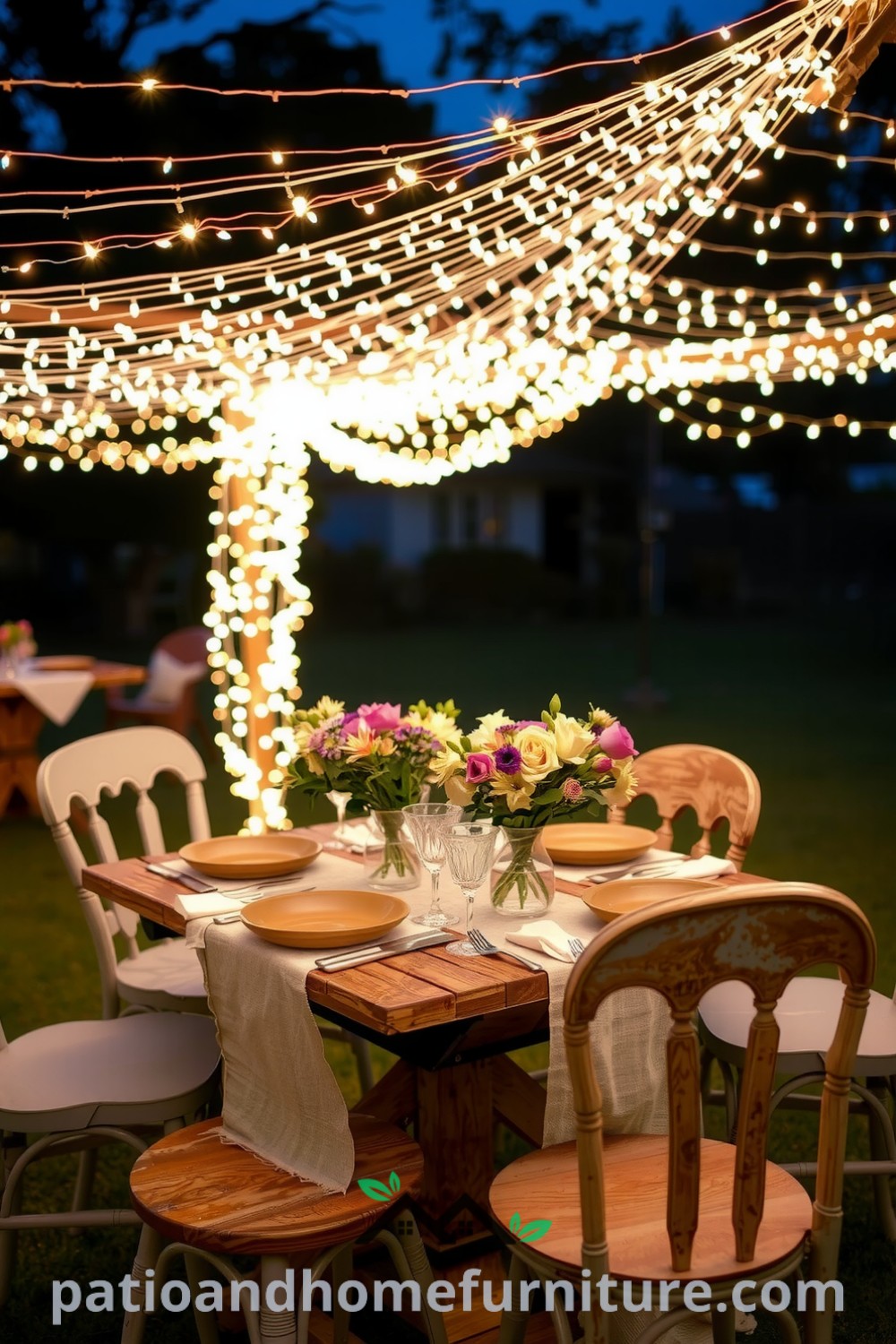 An enchanting outdoor dining setup under twinkling fairy lights featuring a rustic wooden table with mismatched chairs, delicate glassware, earthenware plates, and fragrant blooms, ideal for cozy evenings and connection, from fireplacesandwoodstoves.com.