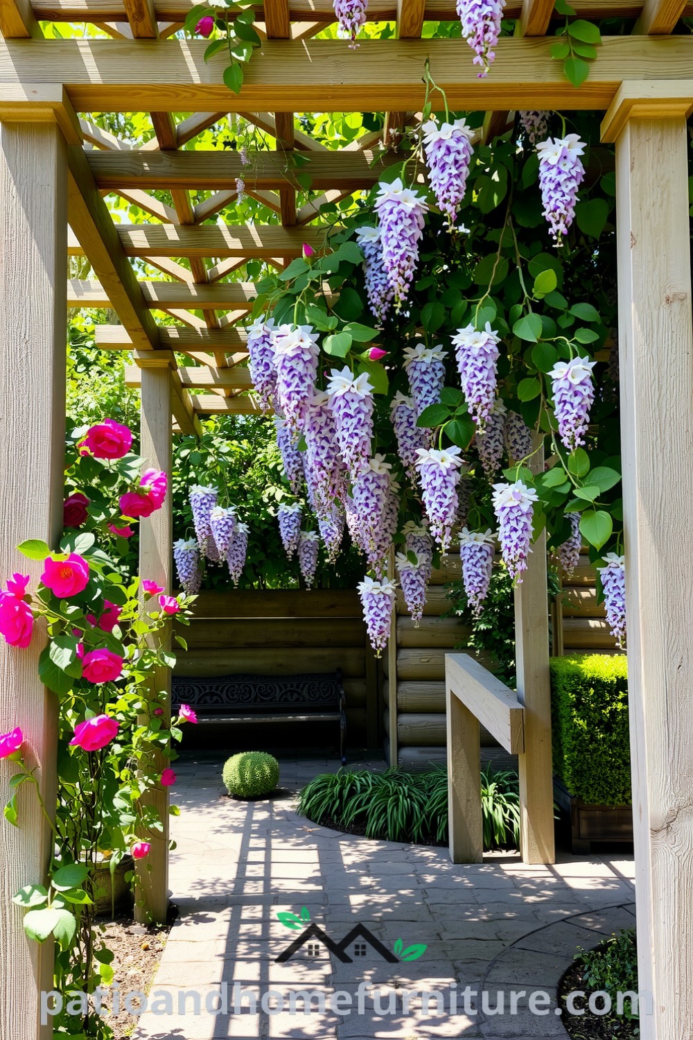 Charming wooden pergola adorned with vibrant climbing roses and delicate wisteria in a sun-dappled garden, creating cozy ideas for outdoor spaces, with inspiring decor ideas for your home at fireplacesandwoodstoves.com.