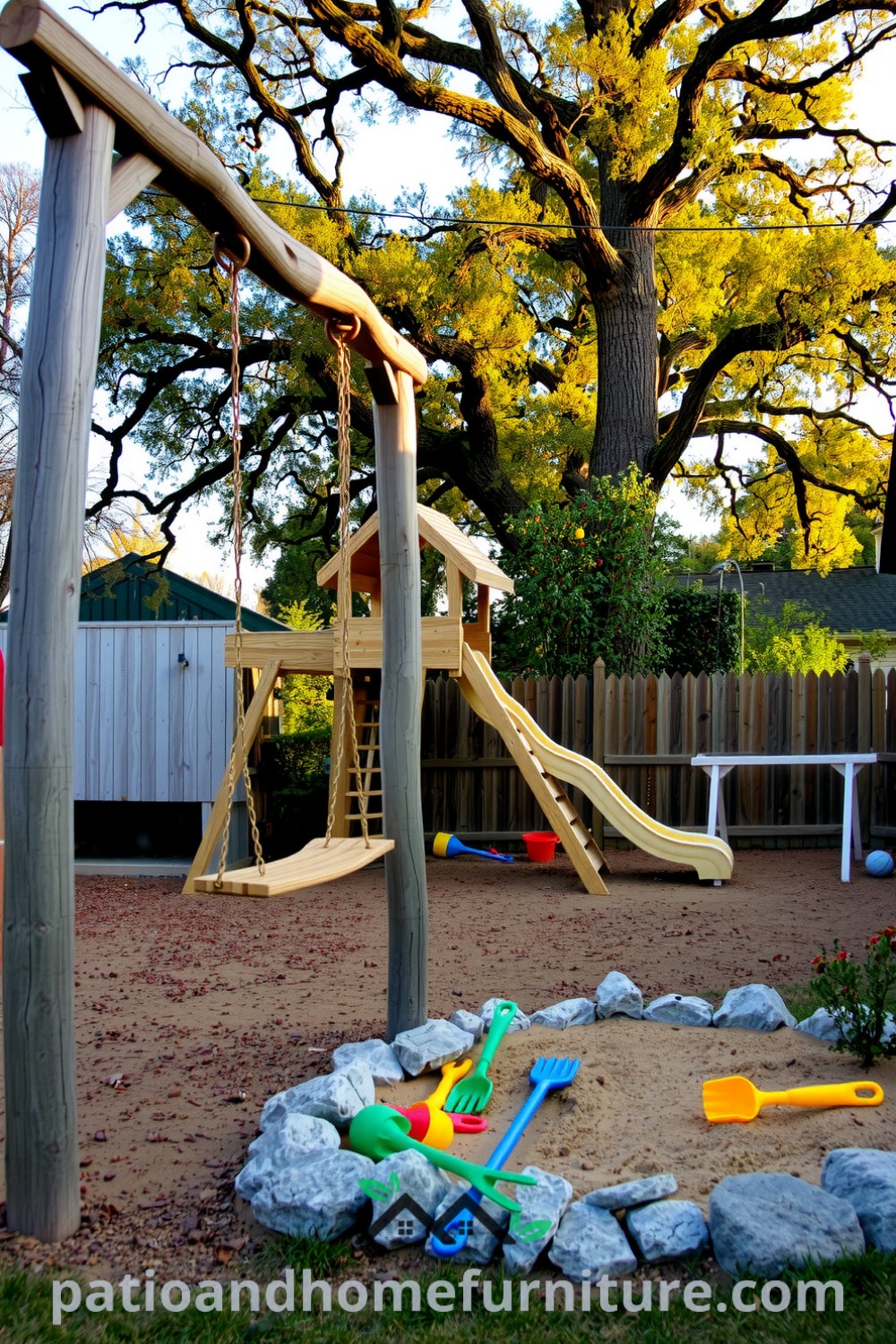 A cozy backyard playground featuring a wooden structure, swings, a slide, and a sandbox surrounded by stones, highlighting ideal decor ideas for family fun and outdoor play, as seen on fireplacesandwoodstoves.com.