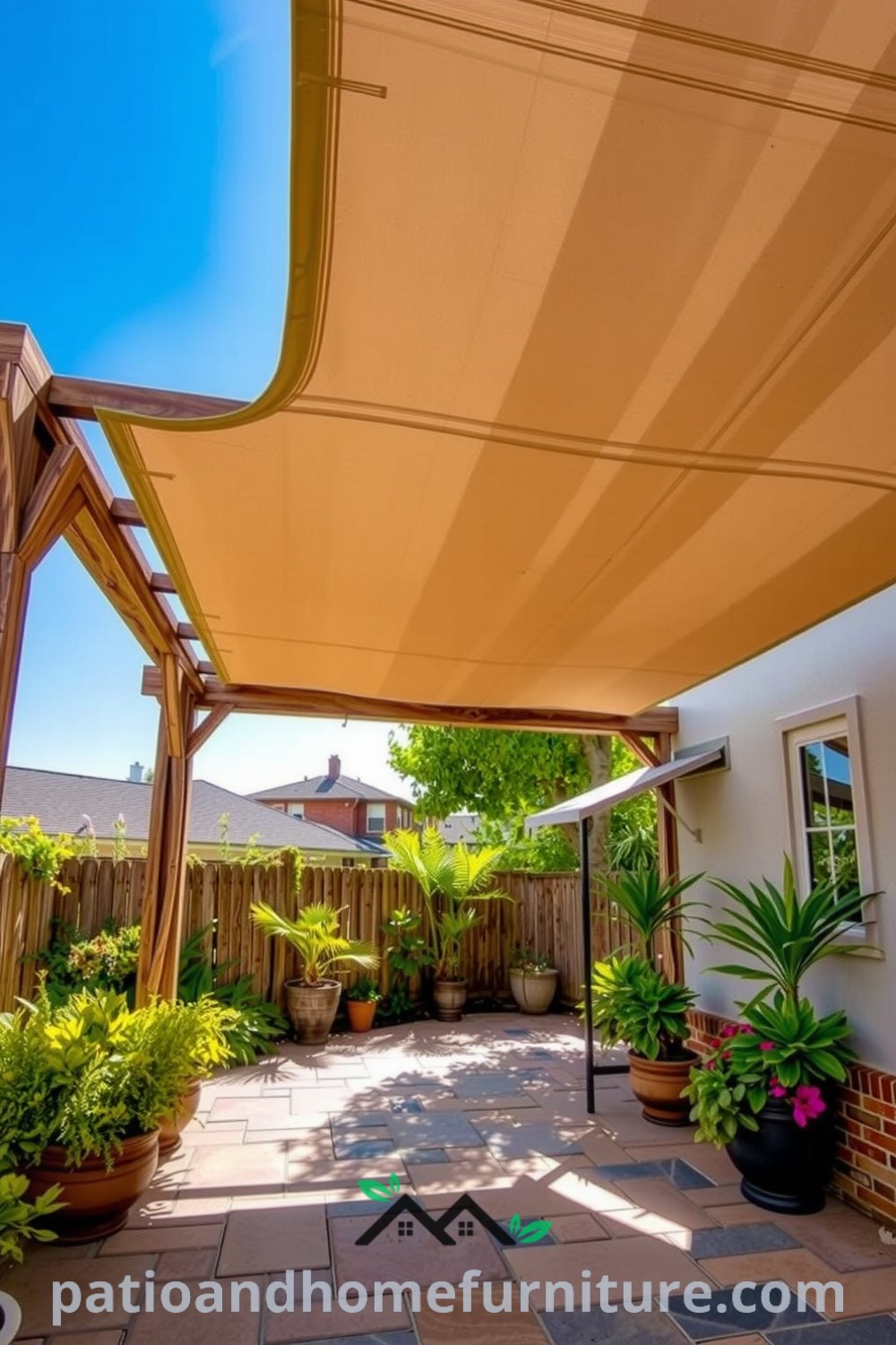 Retractable canopy pergola in a sun-dappled backyard with weathered wood beams, potted plants, and an inviting stone patio, offering cozy ideas for outdoor spaces, ideal for gatherings or relaxation, found at fireplacesandwoodstoves.com.