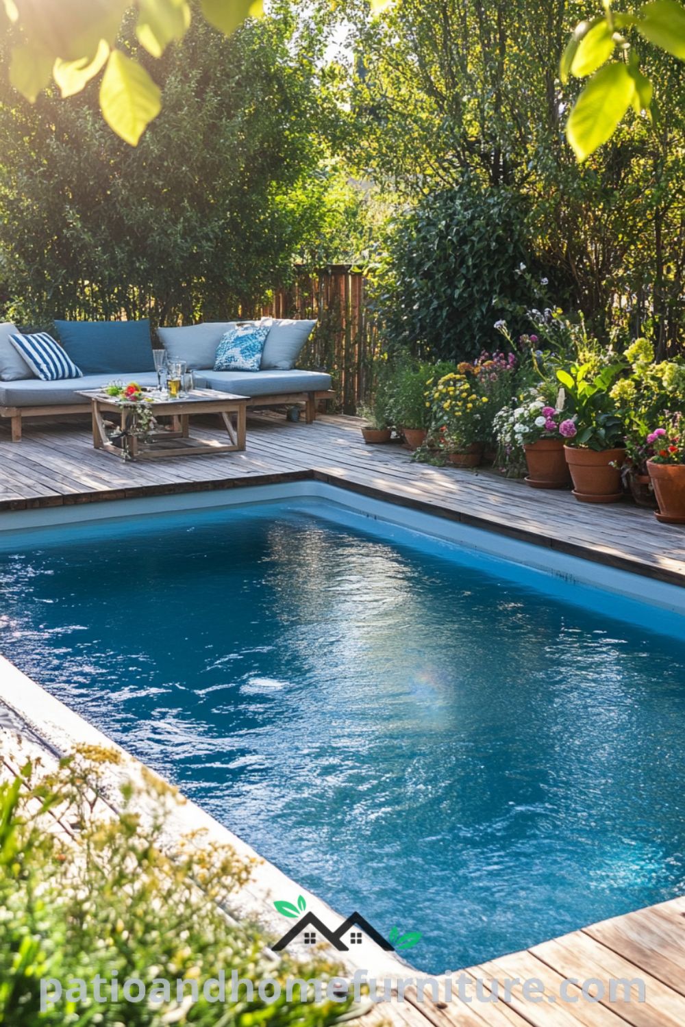 Serene above ground pool retreat from patioandhomefurniture.com features cozy lounge area, lush landscaping, and vibrant flowers, ideal for inspiring backyard pool ideas and enhancing your outdoor living space.