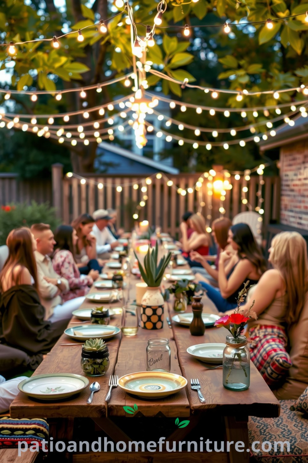 Cozy outdoor dinner party with weathered wooden tables adorned with mismatched plates, vibrant textiles, potted succulents, and twinkling fairy lights, creating an inviting atmosphere for gatherings, featured on fireplacesandwoodstoves.com.