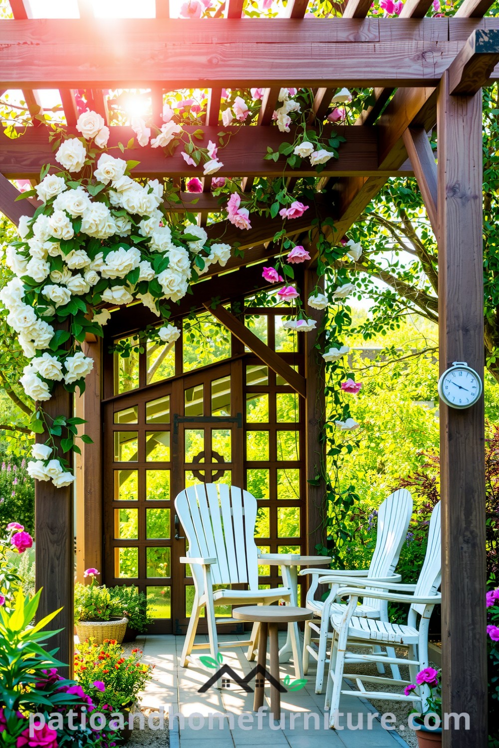 Floral wooden pergola adorned with climbing vines and colorful blossoms, featuring mismatched chairs underneath that create a cozy retreat in a vibrant garden, providing unique decor ideas for your home at fireplacesandwoodstoves.com.