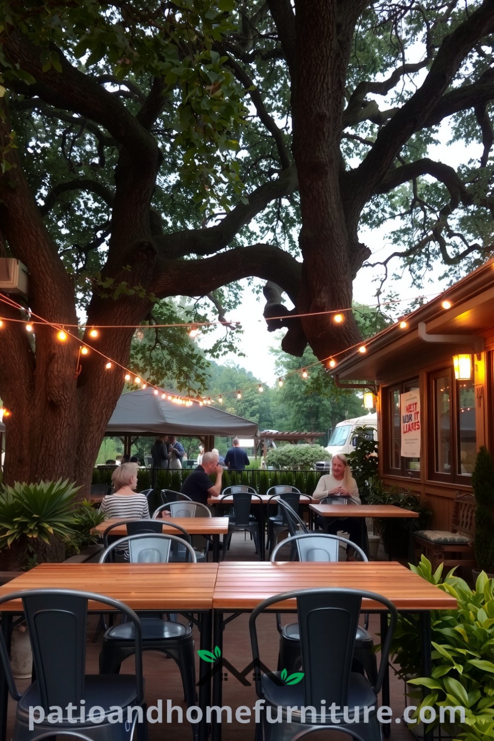 Cozy outdoor dining area under an ancient oak tree with rustic wooden tables and weathered metal chairs, surrounded by vibrant plants and soft string lights, creating an inviting atmosphere for memorable gatherings. For more cozy design ideas, visit fireplacesandwoodstoves.com.
