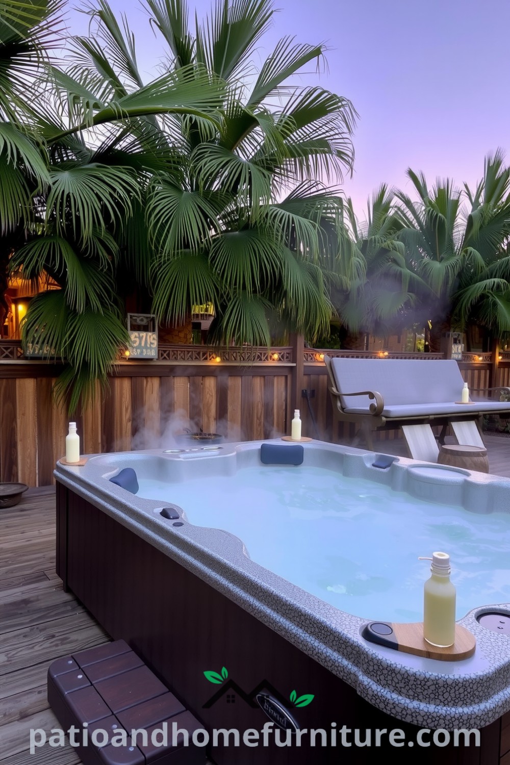Hot tub nestled on a wooden deck surrounded by palm trees, with rustic stone framing and fairy lights creating a cozy evening atmosphere, featuring eucalyptus scents and inviting decor ideas at fireplacesandwoodstoves.com.