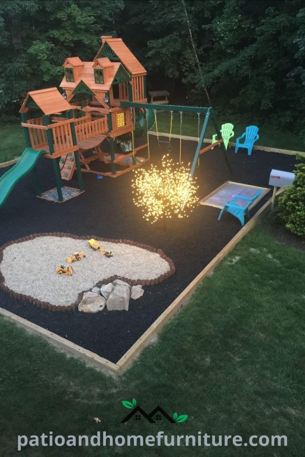 Backyard featuring a swing set, cozy fire pit, and playful area designed for kids, highlighting vibrant decor ideas and unique inspirations for outdoor living, from the website wellnesswink.com.