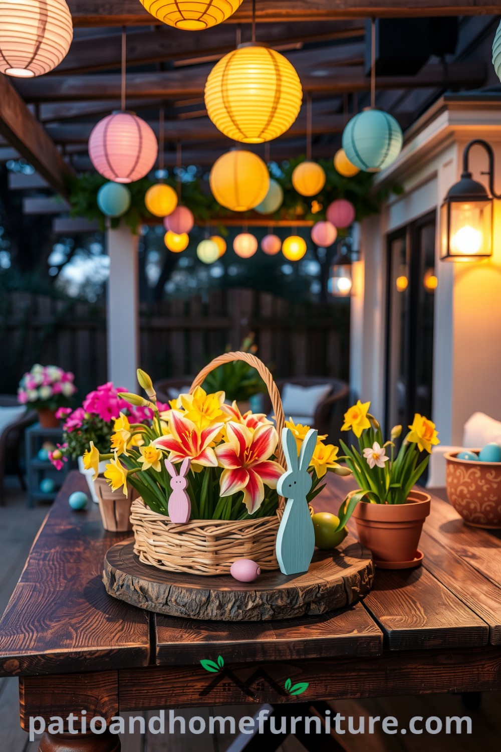Cheerful patio adorned with pastel decorations, hand-painted wooden eggs, whimsical bunnies, vibrant flower pots, and a rustic table with fresh lilies and daffodils, enhanced by glowing lanterns hanging from a pergola, offering cozy design ideas for your home at fireplacesandwoodstoves.com.