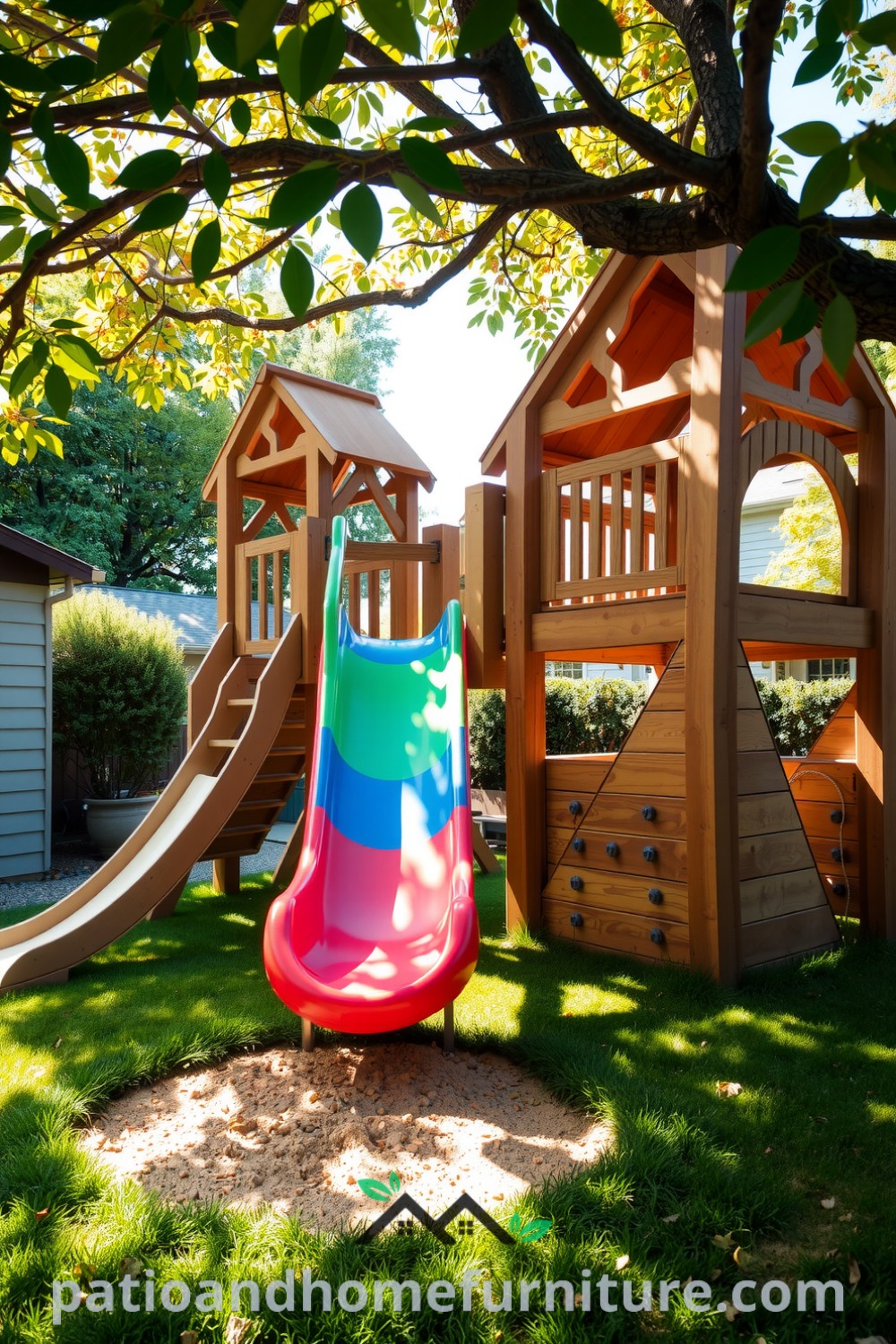 Vibrant multi-activity play center in a backyard featuring a colorful slide, sandbox filled with golden sand, and a climbing wall under sunlight filtering through tree leaves, showcasing unique ideas for children