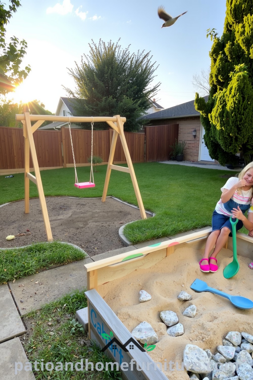 Cozy backyard playground with a wooden playset, bright swings, and a colorful sandpit, creating a lively atmosphere for family fun and togetherness. For more unique ideas for your home, visit fireplacesandwoodstoves.com.