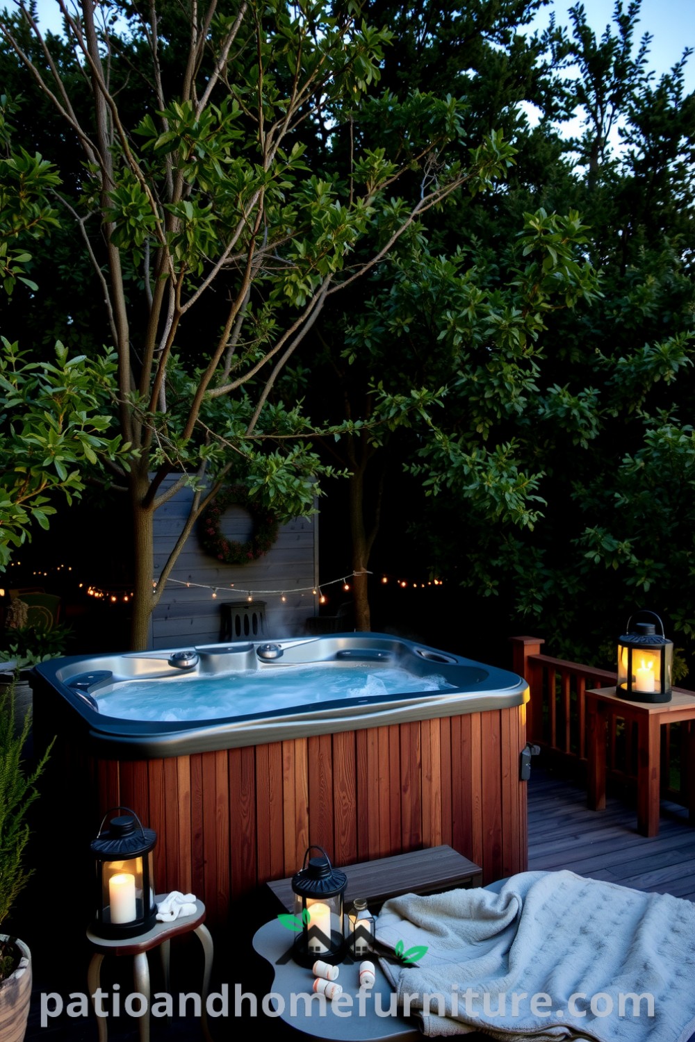 Hot tub on a wooden deck surrounded by lush greenery, with warm ambient lantern light, inviting towels, and a cozy blanket, creating a relaxing atmosphere perfect for unwinding at home, offering unique ideas for your cozy home at fireplacesandwoodstoves.com.