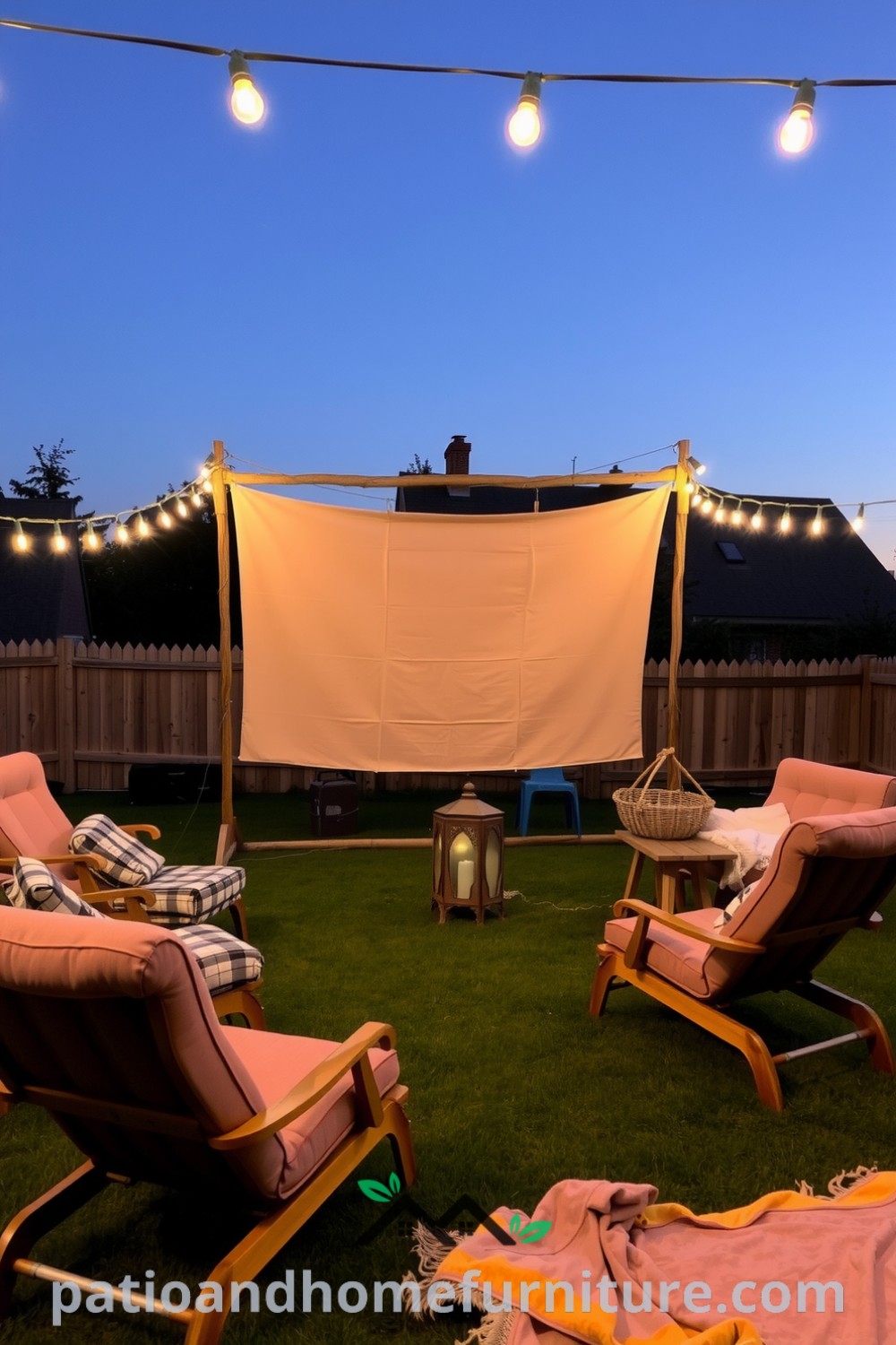 Cozy outdoor cinema setup in a backyard featuring a twinkling fairy light ambiance, a large canvas screen, mismatched lounge chairs, and fluffy blankets, ideal for movie nights under the stars. Visit fireplacesandwoodstoves.com for inspiring cozy home decor ideas.