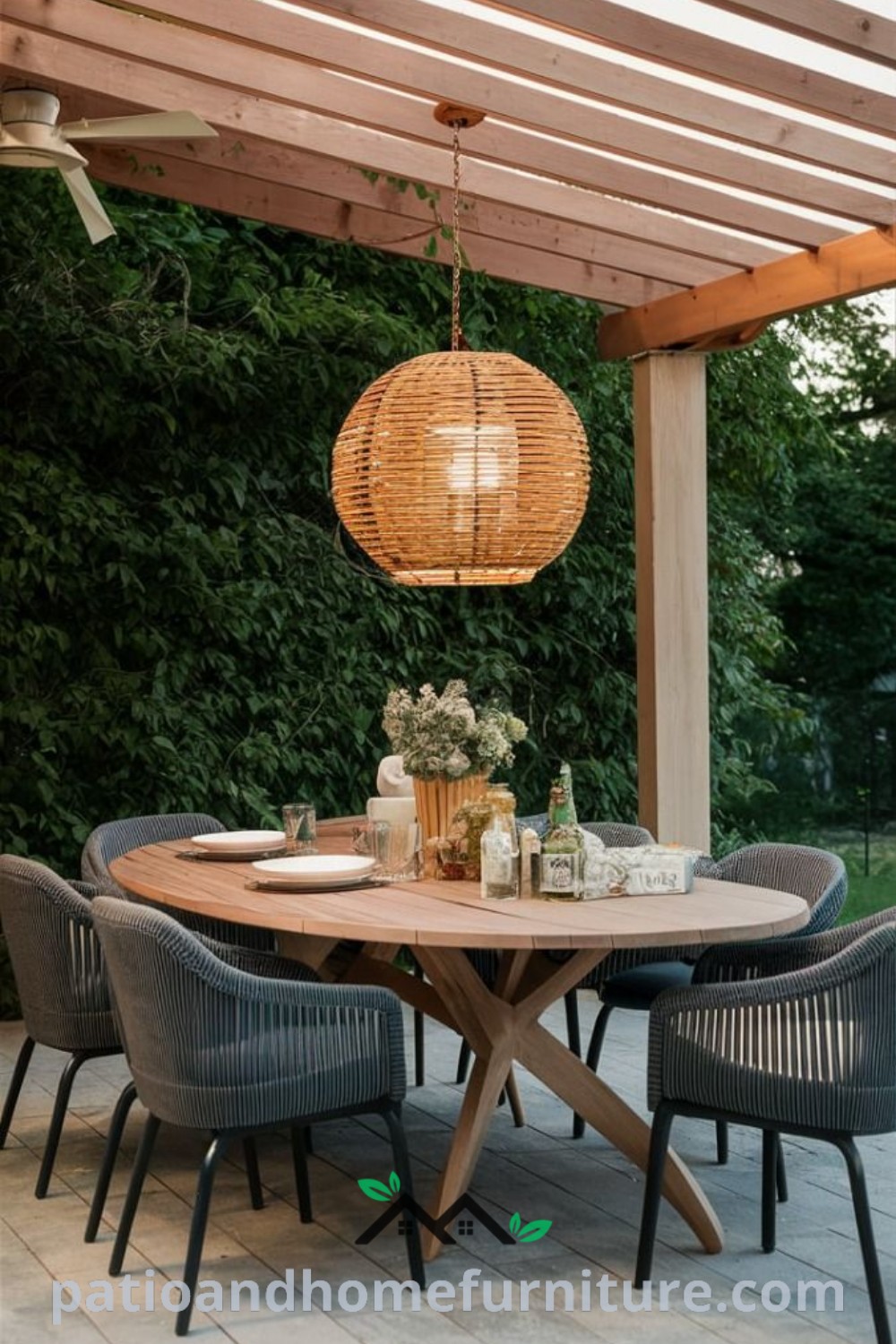 Cozy outdoor dining area featuring a table and chairs under a pergola with lights, showcasing inviting decor ideas that inspire a warm and welcoming atmosphere, perfect for gatherings or relaxing meals at home, from wellnesswink.com.