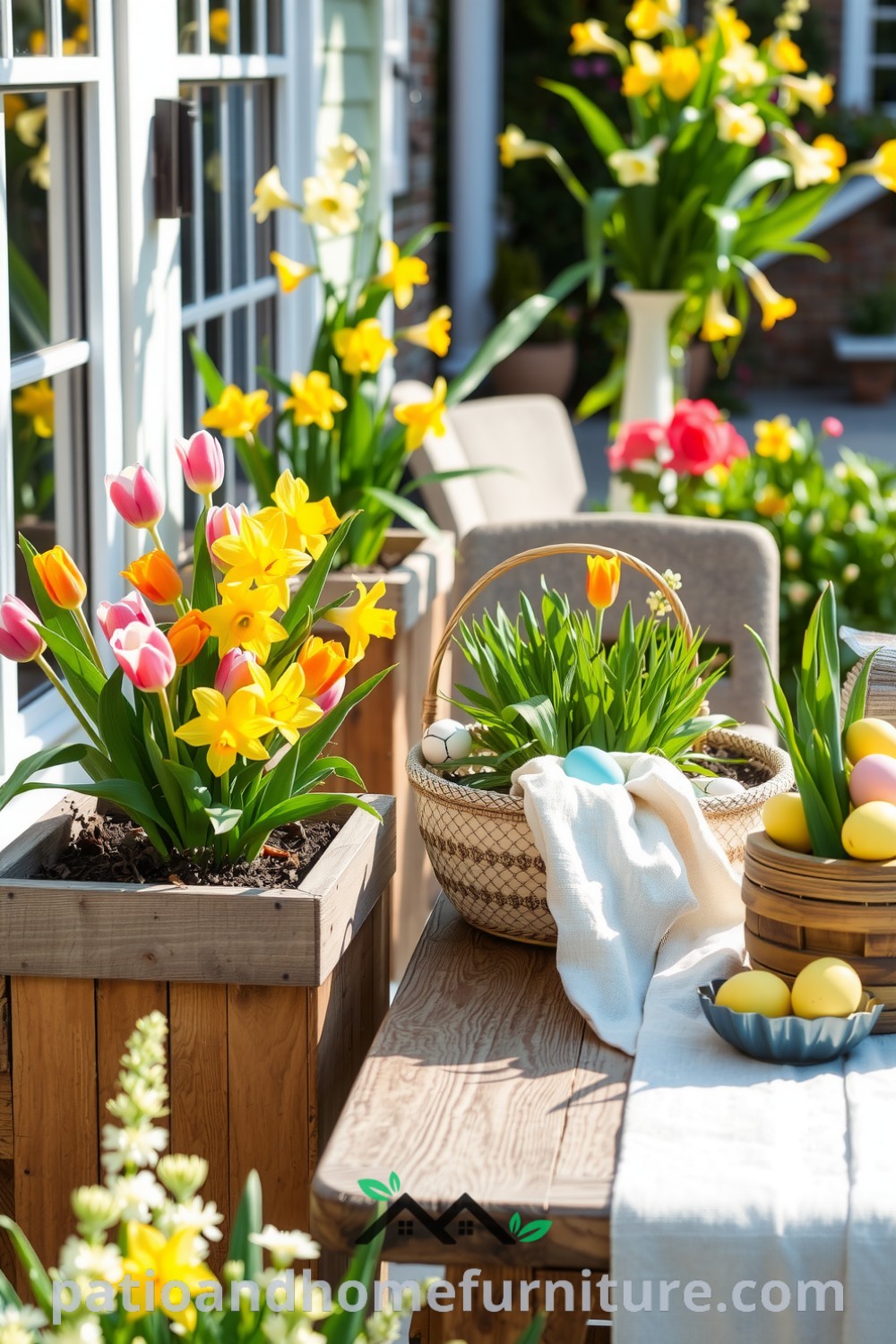 A sunlit patio adorned with cheerful Easter decor, featuring wooden planters filled with tulips and daffodils, pastel eggs in a decorative basket, and a weathered wooden table set for a festive meal, providing cozy ideas and design inspirations for your home at fireplacesandwoodstoves.com.