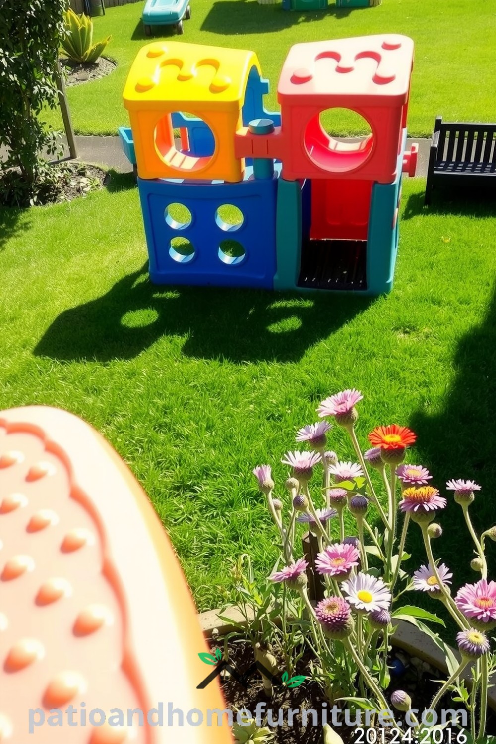 Colorful modular plastic playground in a lush green backyard, with children playing and laughter in the air, surrounded by swaying wildflowers, showcasing inspiring outdoor decor ideas for joyful childhood adventures, visit fireplacesandwoodstoves.com.