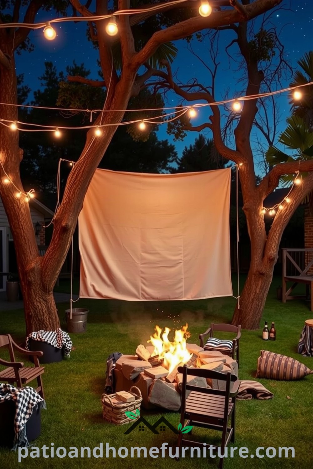 Charming backyard cinema with a frayed canvas screen, mismatched chairs around a stone fire pit, and warm fairy lights overhead creating a cozy and inviting atmosphere for a fun movie night, featuring unique ideas for outdoor decor inspirations at fireplacesandwoodstoves.com.