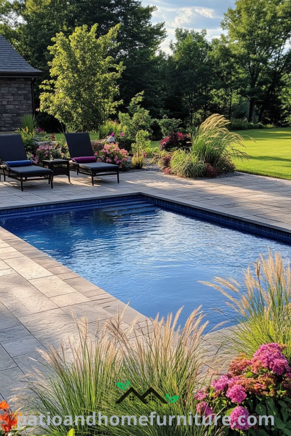 Inviting backyard oasis design from patioandhomefurniture.com showcasing a luxurious swimming pool decor, cozy fire pit, and lush landscaping for an ideal outdoor living space with modern pool design and inviting pool patio ideas.
