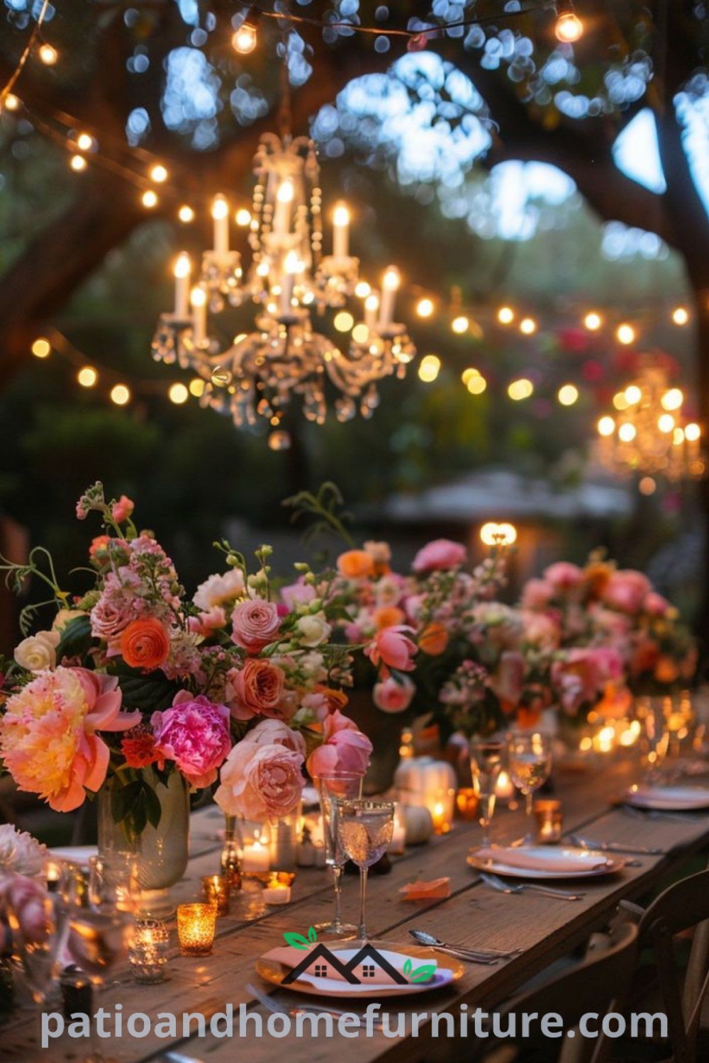 Elegant outdoor dinner table with candles, flowers in vases, and hanging chandeliers, creating a cozy atmosphere suitable for celebrations and gatherings, as seen on wellnesswink.com.