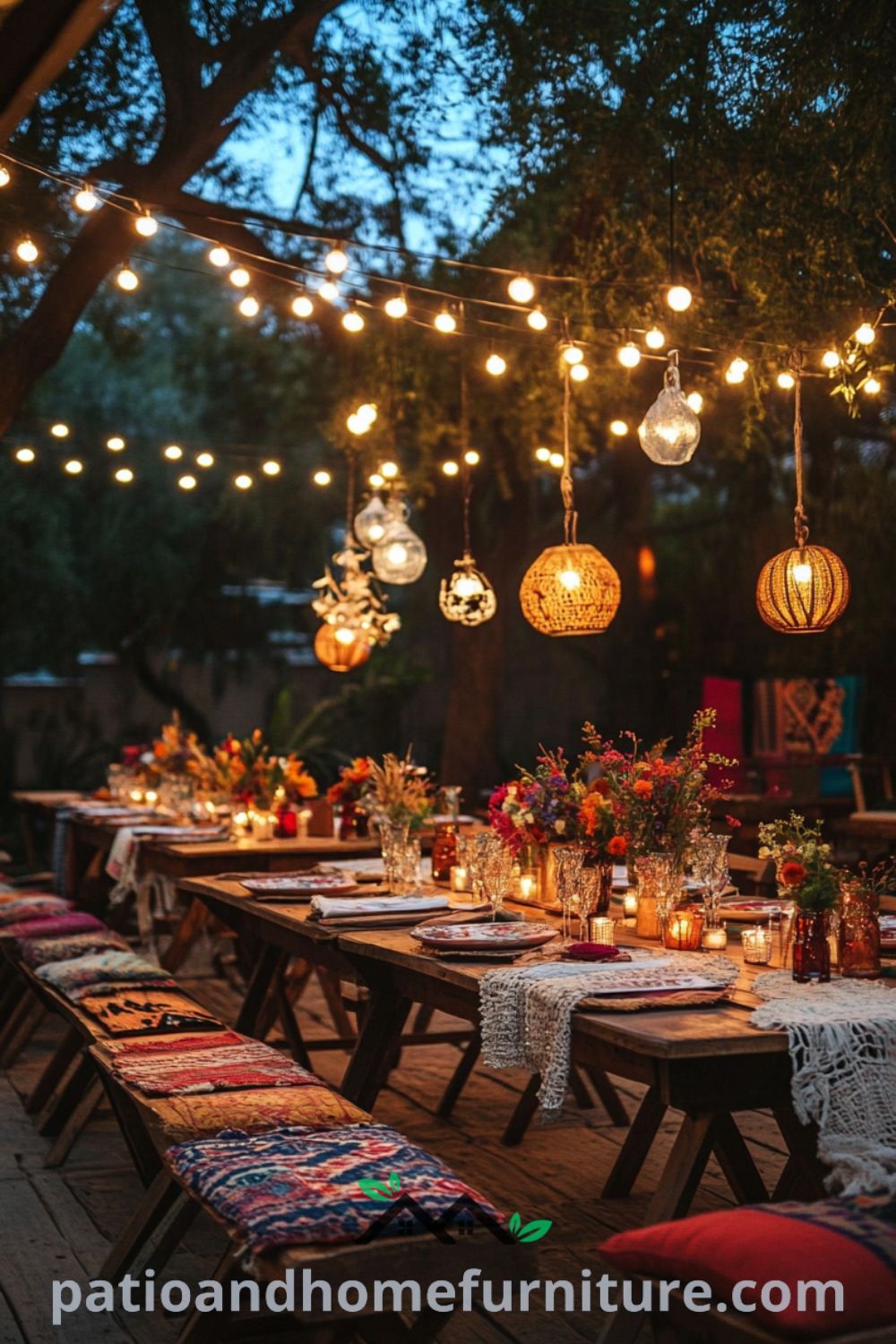 Boho outdoor patio dinner party with mismatched wooden tables, colorful linens, and warm fairy lights overhead, surrounded by rustic chairs and potted plants, creating a cozy and inviting atmosphere for guests to enjoy conversation under the starlit sky at fireplacesandwoodstoves.com.
