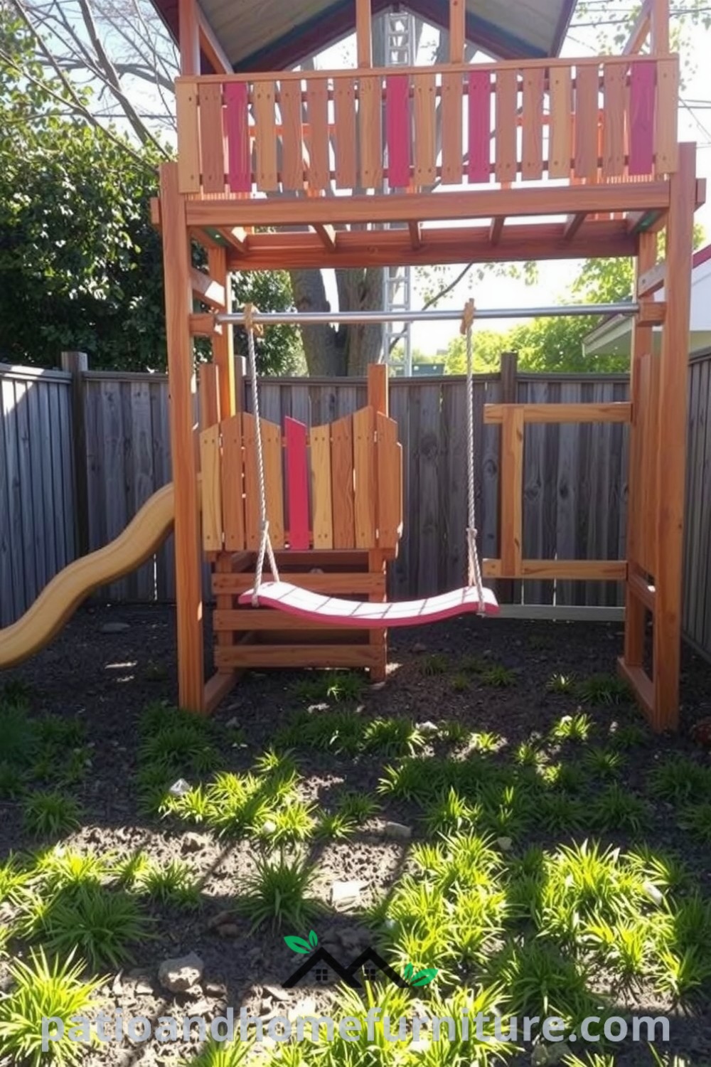 Wooden backyard playground featuring a sturdy swing set, a glinting slide, and worn grass patches, creating a warm and inviting atmosphere for children to play and explore, inspired by cozy ideas from fireplacesandwoodstoves.com.