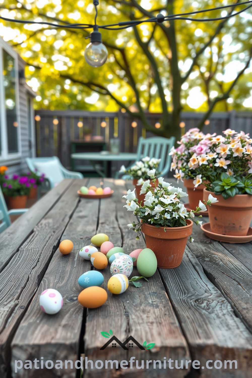 Colorful Easter eggs and delicate pastel blooms adorn a rustic wooden patio table, with string lights overhead creating a warm atmosphere, perfect for spring gatherings. Find cozy ideas for your home at fireplacesandwoodstoves.com.