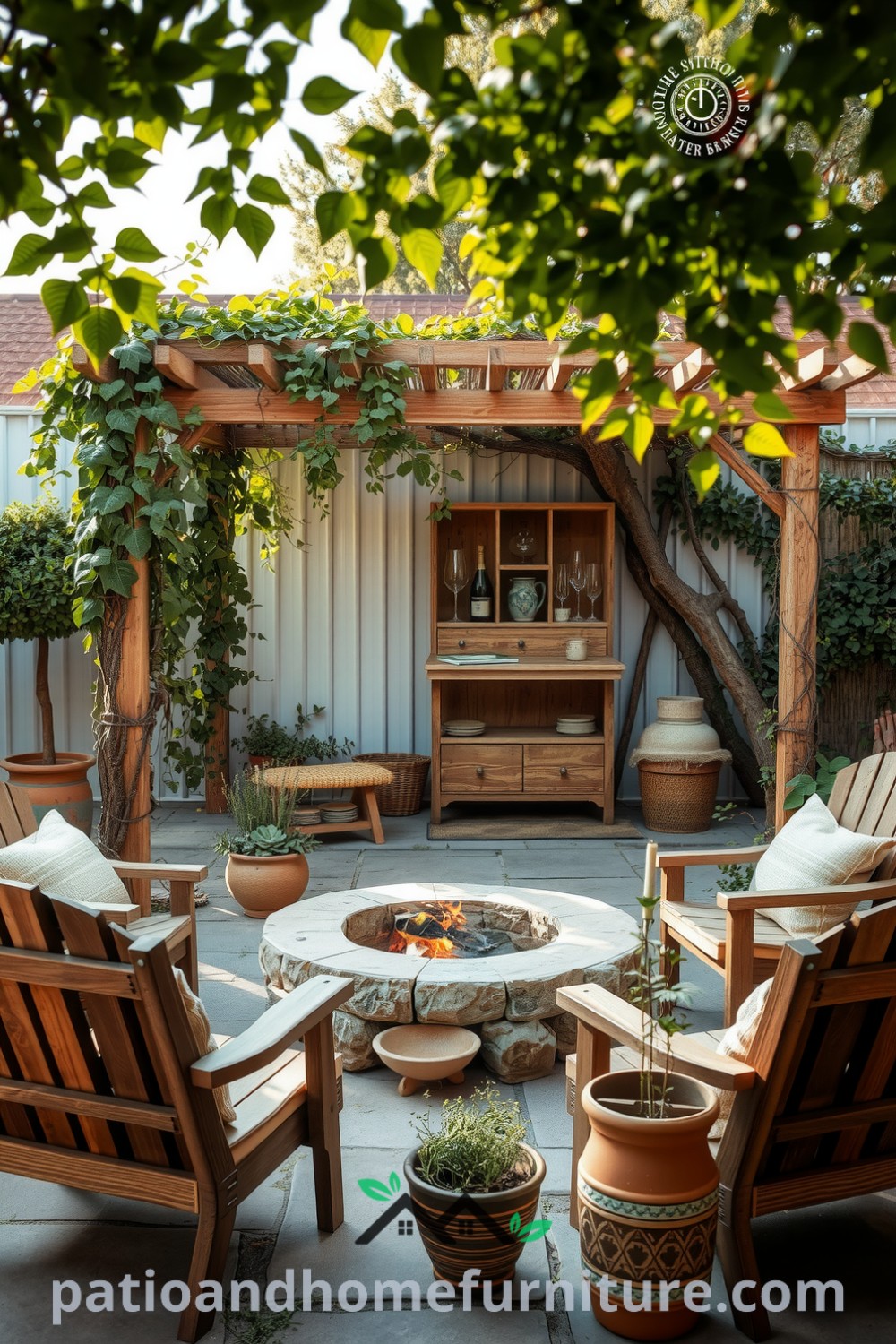 Cozy backyard featuring rustic wooden furniture around a stone fire pit, climbing vines on a trellis, twinkling fairy lights, and a small herb garden in terracotta pots, offering design ideas for a serene home retreat. Visit fireplacesandwoodstoves.com for more cozy ideas.