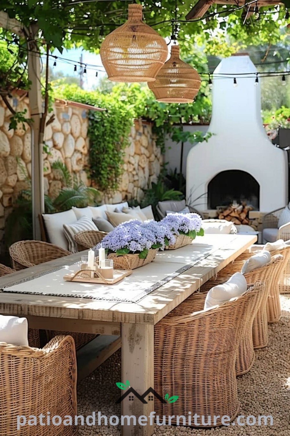 Outdoor dining area featuring wicker chairs and a wooden table surrounded by hanging lights, showcasing cozy ideas for your home and elegant decor inspirations on wellnesswink.com.