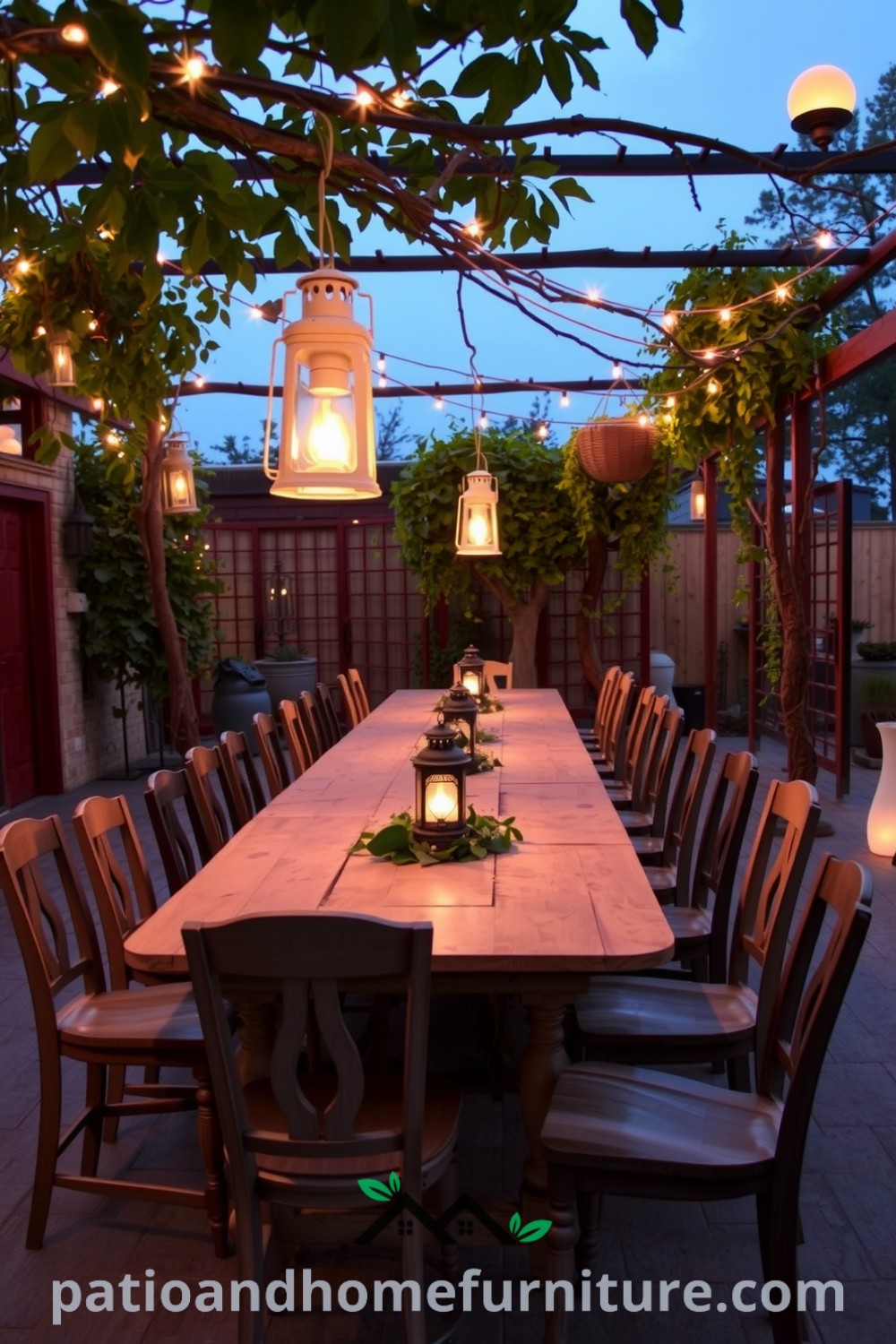 Outdoor dining area with a rustic wooden table, mismatched chairs, and hanging lanterns creating a cozy atmosphere, surrounded by vines and nature, inspired by unique ideas for your home from fireplacesandwoodstoves.com.