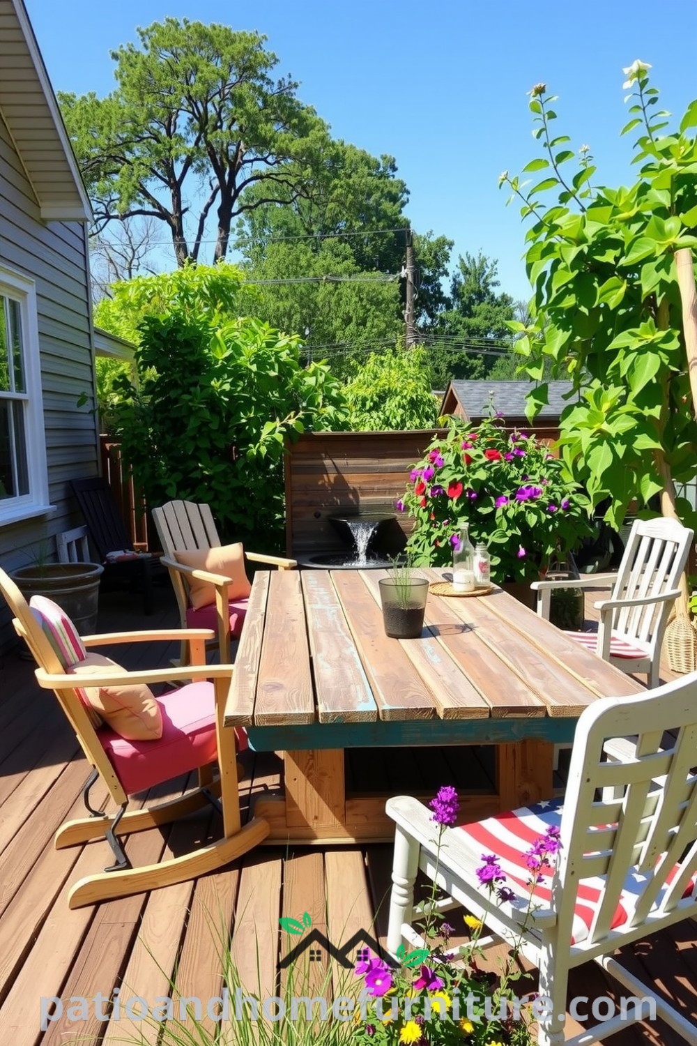 Cozy backyard retreat with rustic wooden deck, mismatched lounge chairs, weathered picnic table, lush greenery, and colorful wildflowers, providing inspiring decor ideas for creating a welcoming outdoor space. Visit fireplacesandwoodstoves.com for more unique ideas.
