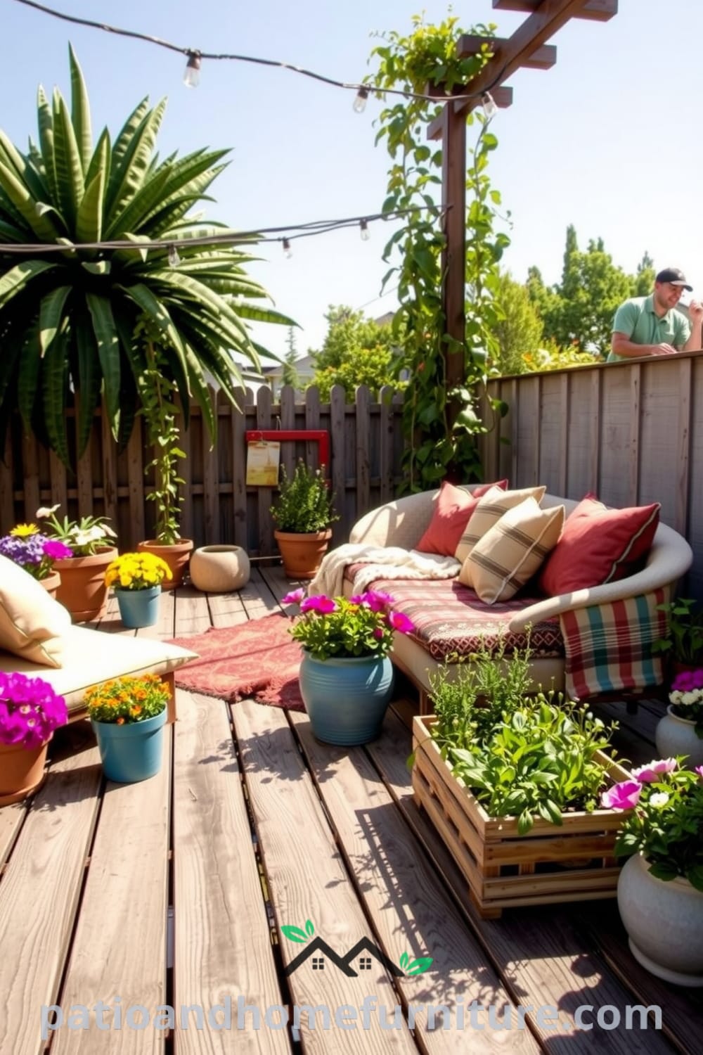 A cozy backyard retreat featuring a weathered wooden deck with mismatched cushions, a vibrant flower pot display, and a herb garden in a repurposed wine crate. The rustic trellis enhances the charming atmosphere, offering unique ideas for outdoor decor at fireplacesandwoodstoves.com.