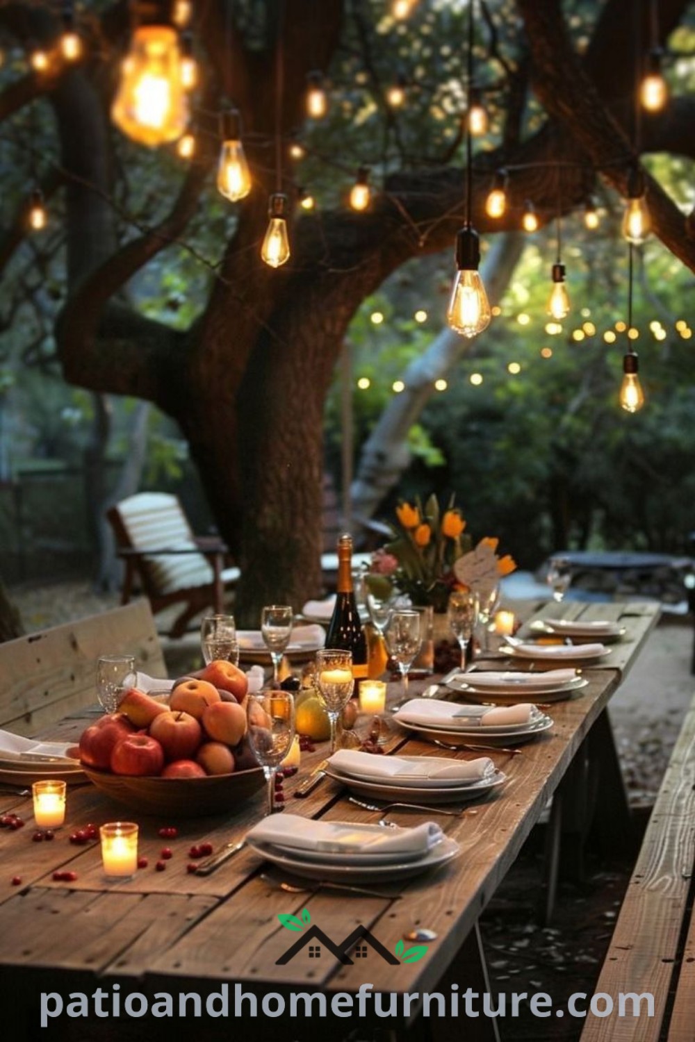 Outdoor dining table adorned with plates and glasses illuminated by hanging lights, creating a cozy atmosphere ideal for gatherings, reflecting inspiring decor ideas for your home on wellnesswink.com.