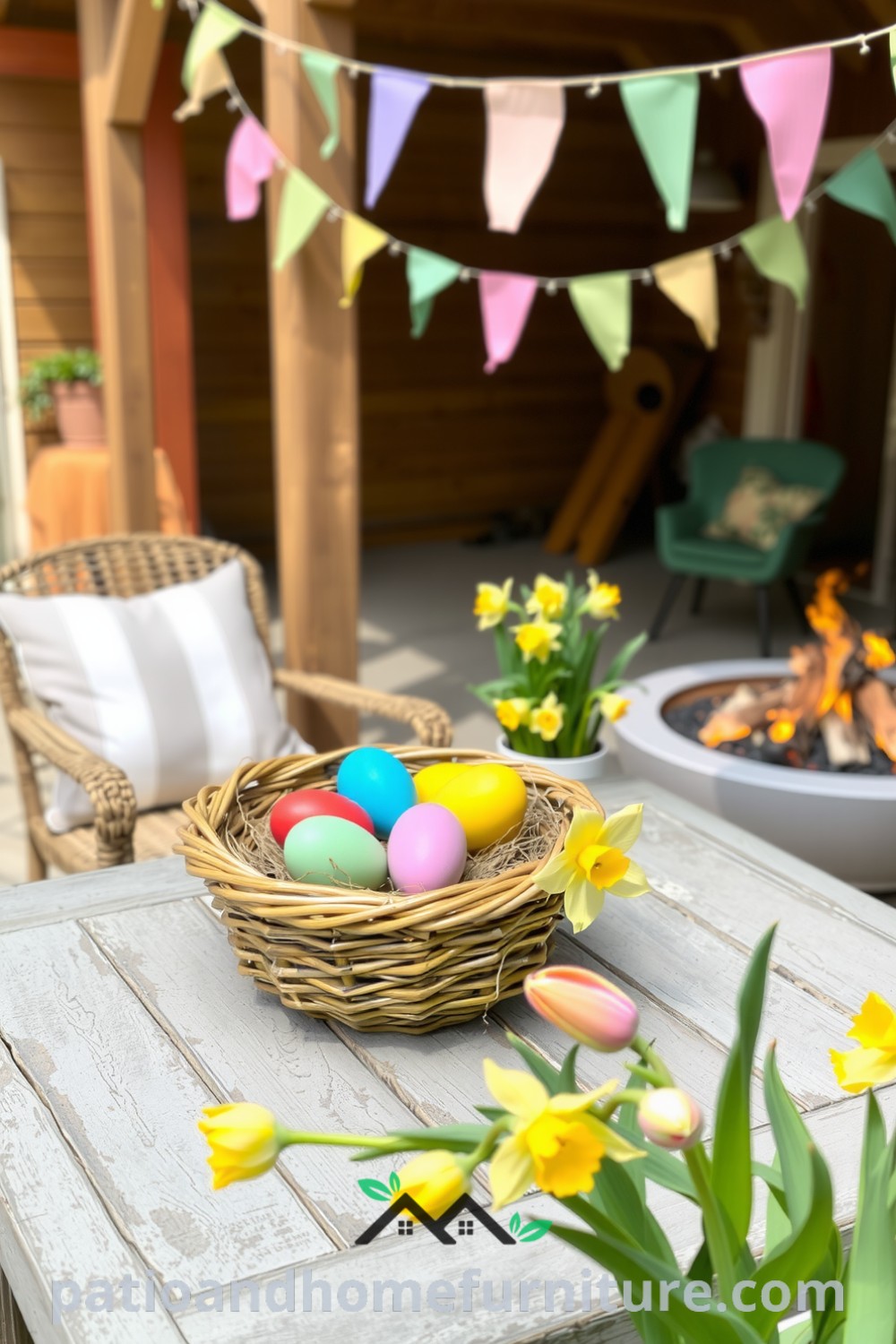 Colorful Easter eggs in a rustic wicker basket on a weathered patio table, with pastel bunting and blooming tulips and daffodils, creating a cozy outdoor gathering space perfect for friends and family, inspired by cozy ideas for your home and design ideas from fireplacesandwoodstoves.com.