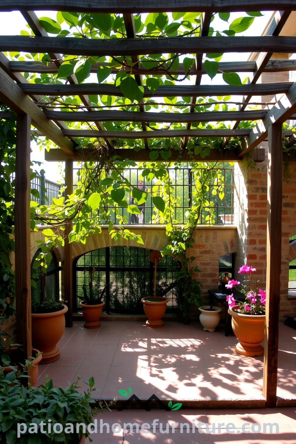 Rustic stone patio with a freestanding pergola covered in climbing vines and blooming flowers, where evening sunlight creates dappled shadows on terracotta tiles, complemented by earthy-toned potted plants, showcasing cozy ideas for home decor at fireplacesandwoodstoves.com.